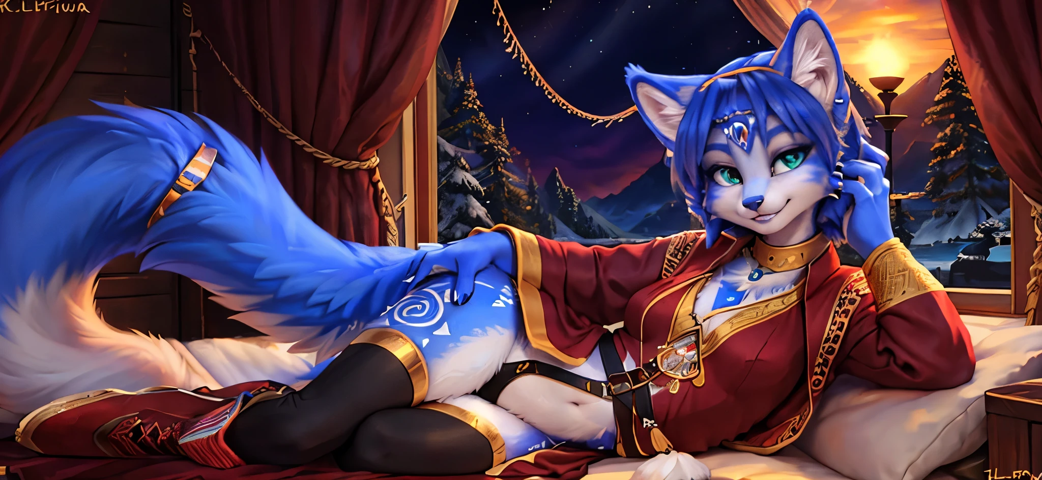 A beautiful and detailed (sweet portrait) von ((Krystal)), Sternenfuchs Krystal, Schlank, liebenswert, green eyes, medium breasts, (((Lange blaue Haare 1.3))), ((schwarze haarspitzen)), Dekollete, Grinsen, hoch schauen,, anthro, Pelzig, Hochgeladen E621, detailed flauschige fur, (von Fluff-Kevlar, Bayard Wu, Personalami, Pino Daeni), detailliertes Gesicht, (flauschige), 1 girl, Allein, Stammes-Kleidung, sweet girl, solo, wears a mages robe