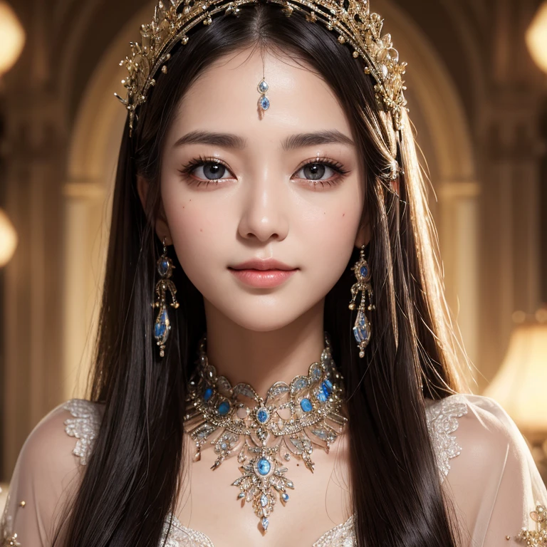 (highest quality, masterpiece:1.2), Ultra-high resolution, Realistic, Front lighting, Intricate details, Exquisite detail and texture, One Girl, mature, alone, Facial highlights, Upper Body, Detailed face, mysteriousな, smile, 白 skin, Black natural hair, Straight Long, View Audience, Big eyes, fortune teller'Clothes, Earrings, Small breasts, the body is slim, Divination Table, Professional Lighting, Photon Mapping, Radio City, Physically Based Rendering,fortune tellerの衣装,Japanese,Gentle expression、Upper Body,To prevent your head or hair from getting cut,Gorgeous、mysterious、Friendly atmosphere、