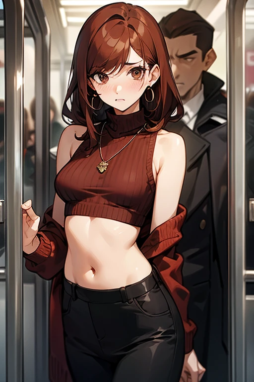 Reddish brown hair、Earrings、necklace、Sleeveless knitwear、Shoulder Bare、turtleneck、sexy、Cowboy Shot、In a crowded train、Disheveled clothing、Office casual fashion、Her belly button is showing just a little bit.