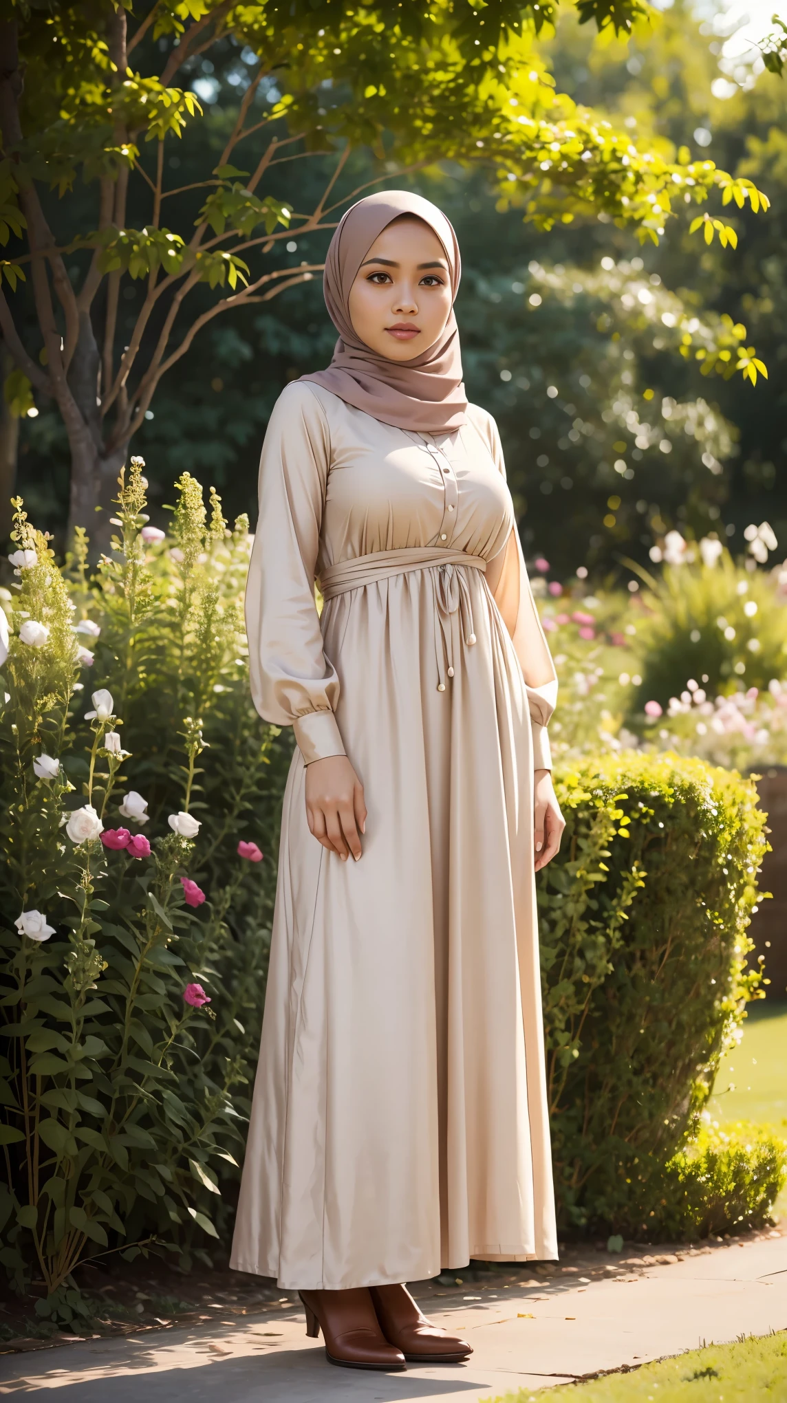 RAW, (Best quality, high resolution, work: 1.3), Beautiful Malay woman in hijab, fit body, Big breasts, Beautiful big eyes, Soft smile, beautiful face, slightly open mouth, thick thighs, beautiful girl, beautiful breasts, detail face, woman standing in a park wearing a light brown dress and brown shoes, simple flowing dress, fully covered dress, wearing an elegant long dress, Malay woman's long dress, wearing a hijab, wearing a long flowy cream colored cloth , in flower garden, beautiful woman. perfect lighting