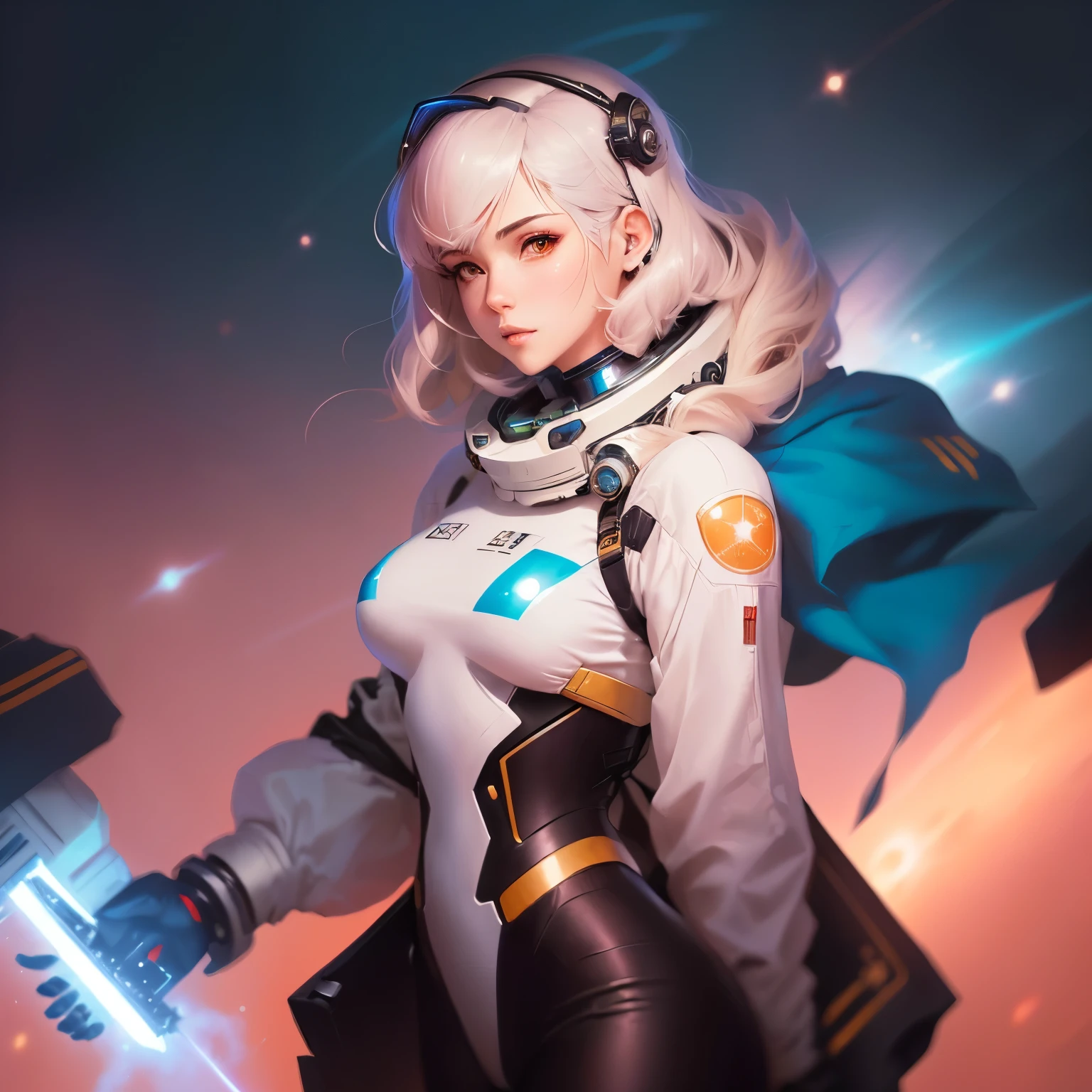 um close de uma mulher em um traje espacial com uma nave espacial ao fundo, portrait anime space cadet girl, cushart krenz arte chave feminino, ayanami, retrato garota astronauta blindada, arte oficial do personagem, girl in space, android heroine, science fiction woman, inspirado em Krenz Cushart, Lois van Baarle e Rossdraws