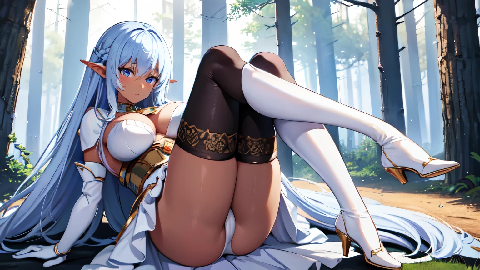 4K,High resolution,One Woman,Dark Skin Elf Big ,Princess、Hide her breasts,,,Heavy Armor,White shoes,Satin Long Gloves,,in the forest　Knee-high socks、Long white elbow gloves, 