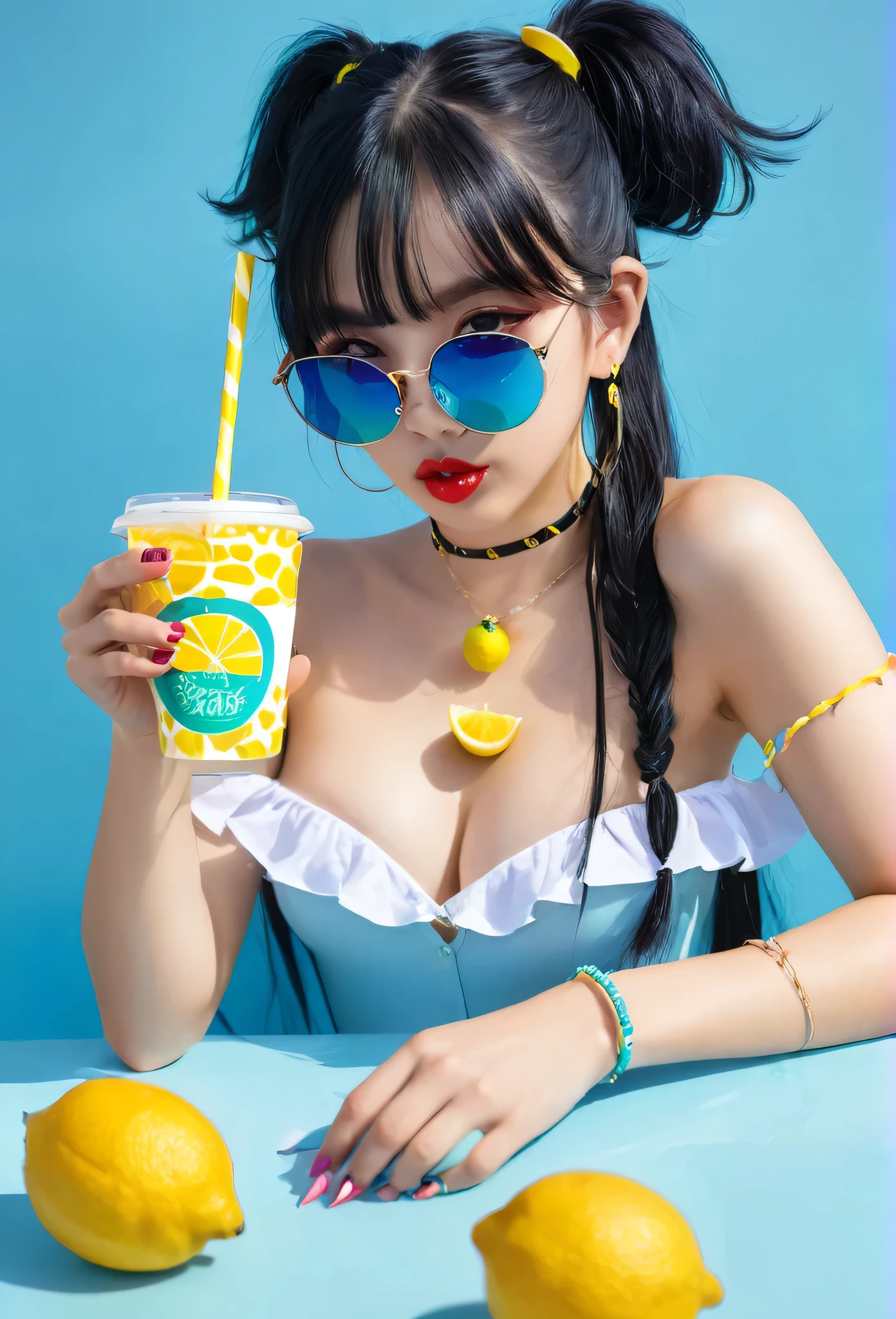 1girl,solo,jewelry,black_hair,earrings,lemon,long_hair,lemon_slice,drinking_straw,cup,food,off_shoulder,holding,fruit,choker,looking_at_viewer,sunglasses,food-themed_earrings,ice_cube,upper_body,ice,mole,bracelet,nail_polish,shirt,blue_nails,holding_cup,bangs,bare_shoulders,tinted_eyewear,drink,blue_background,ponytail,drinking,round_eyewear,frills,collarbone