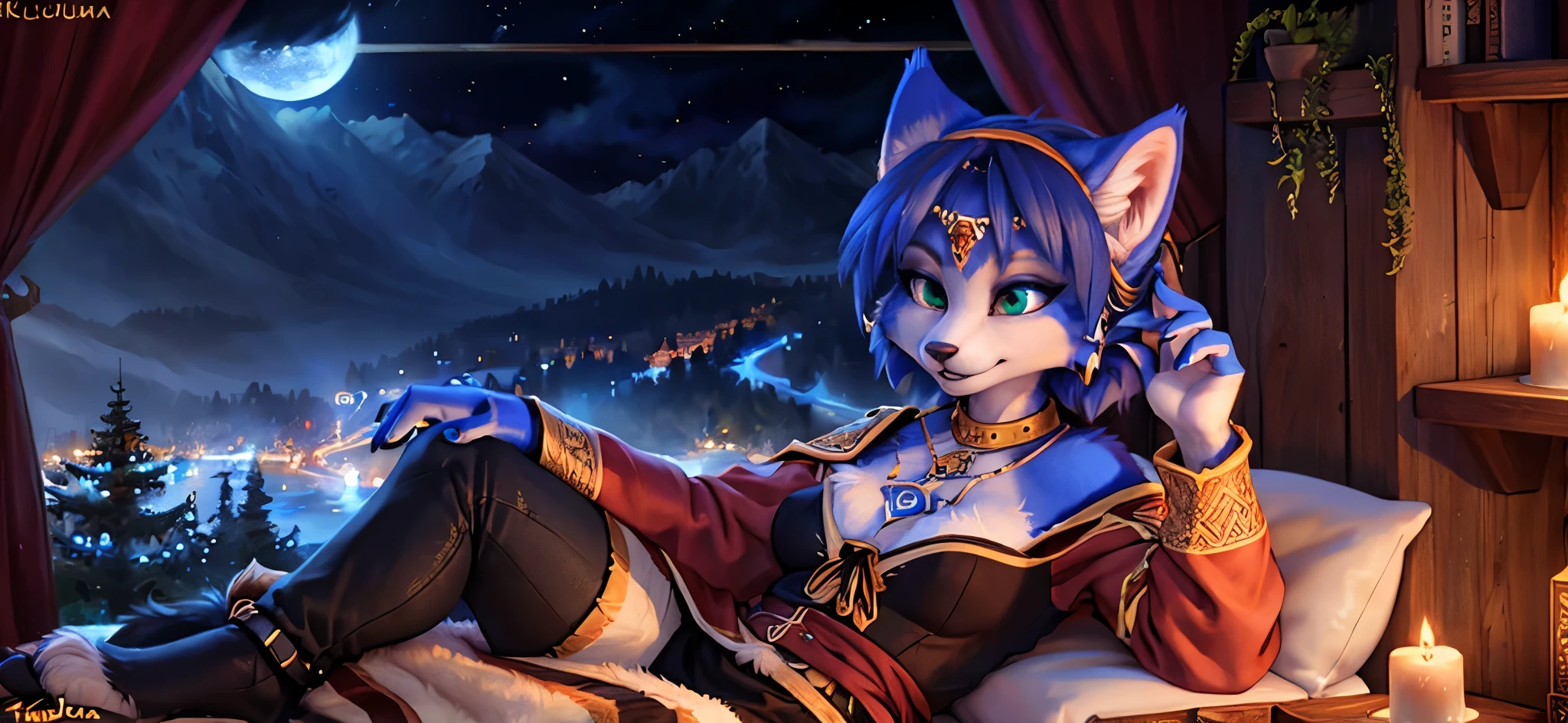 A beautiful and detailed (sweet portrait) von ((Krystal)), Sternenfuchs Krystal, Schlank, liebenswert, green eyes, medium breasts, (((Lange blaue Haare 1.3))), ((schwarze haarspitzen)), Dekollete, Grinsen, hoch schauen,, anthro, Pelzig, Hochgeladen E621, detailed flauschige fur, (von Fluff-Kevlar, Bayard Wu, Personalami, Pino Daeni), detailliertes Gesicht, (flauschige), 1 girl, Allein, Stammes-Kleidung, sweet girl, solo, wears a mages robe