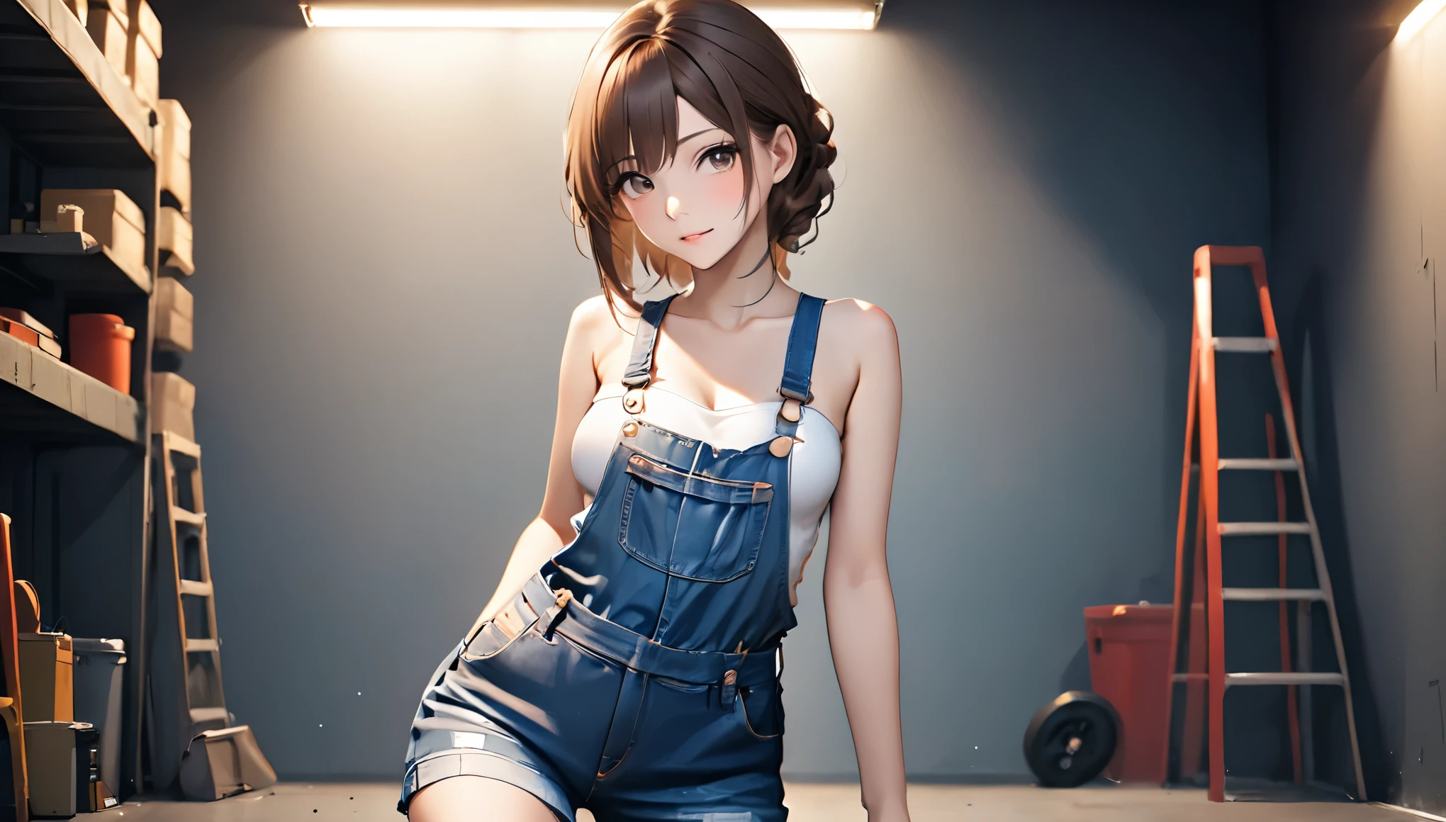 (highest quality, Dynamic Lighting, Very detailed, High resolution) Young woman with brown hair, mature, beautiful,  Small to medium chest, Denim overalls, Bare shoulders, Cleavage, No sleeve,Garage background.