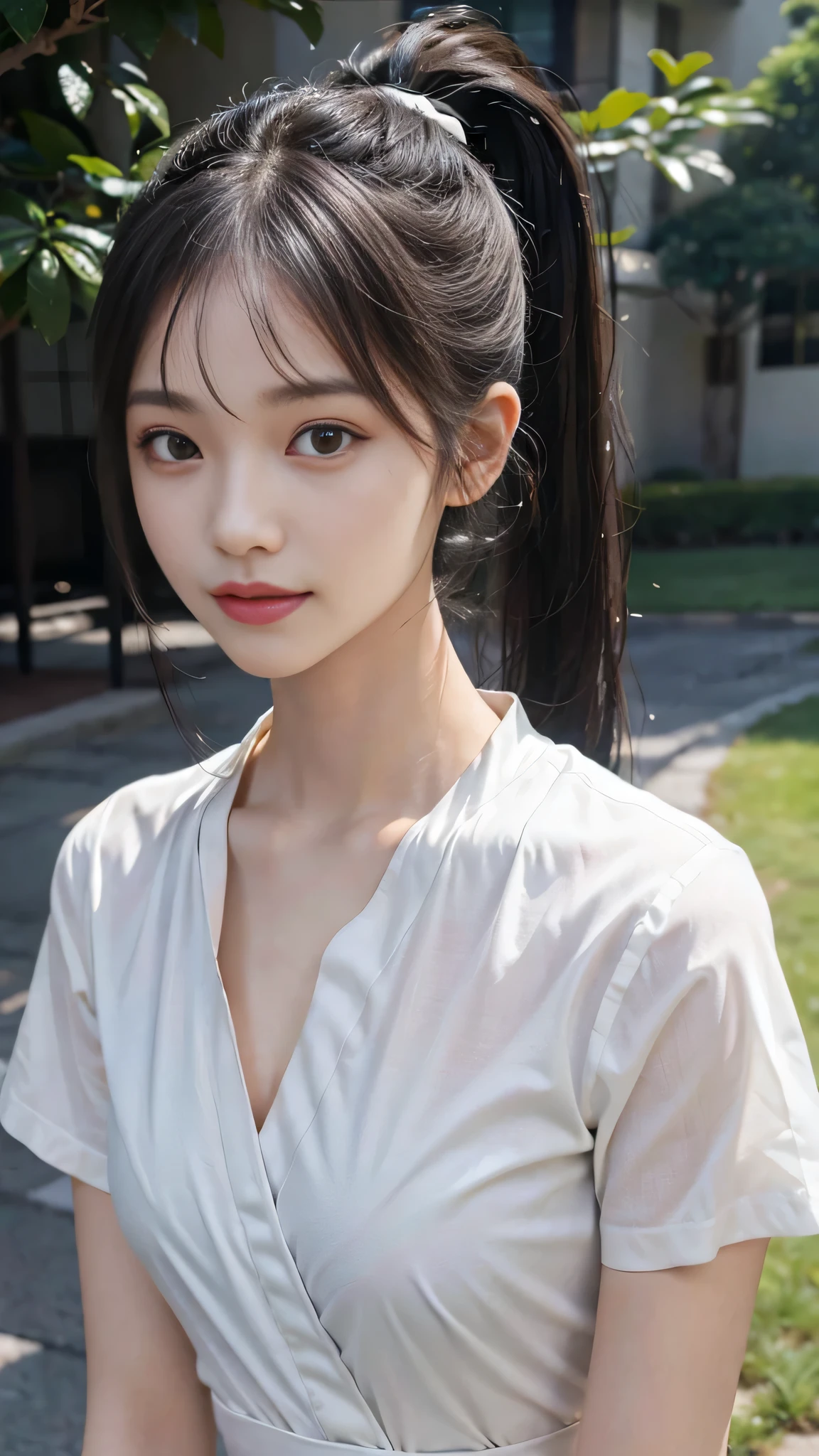 White shirt with collar,outdoors,Park,On the lawn,Close up face,One woman,masutepiece, The highest image quality, High quality, the background is clear,Beautiful woman, Japanese,Ultra-detailed, finely detail, hight resolution, 8K Wallpaper, Perfect dynamic composition, Beautiful detailed eyes , Detailed, Detailed eyes, Detailed skin, Beautiful skin, 超hight resolution, (reality: 1.4),Very beautiful woman, Slightly younger face, Beautiful skin, slender, (Ultra photo realsisim), (hight resolution), (8K), (Very detailed) (beautifully detailed eyes), (super detailed), (Detailed face), view the viewer, Fine details, Detailed face, Staring straight ahead, Staring straight ahead, photos realistic, Bright lighting, Professional Lighting, Black hair,poneyTail,a baby face,fourteen years old,Hairstyle: ponytail,Long ponytail hairstyle,slight smile,neat and tidy clothing,Beautiful Japanese KPOP idol photo, hair style is ponytail, my eyes are double and wide, baby face, smile and look straight ahead, slender, small breasts,Close up face,