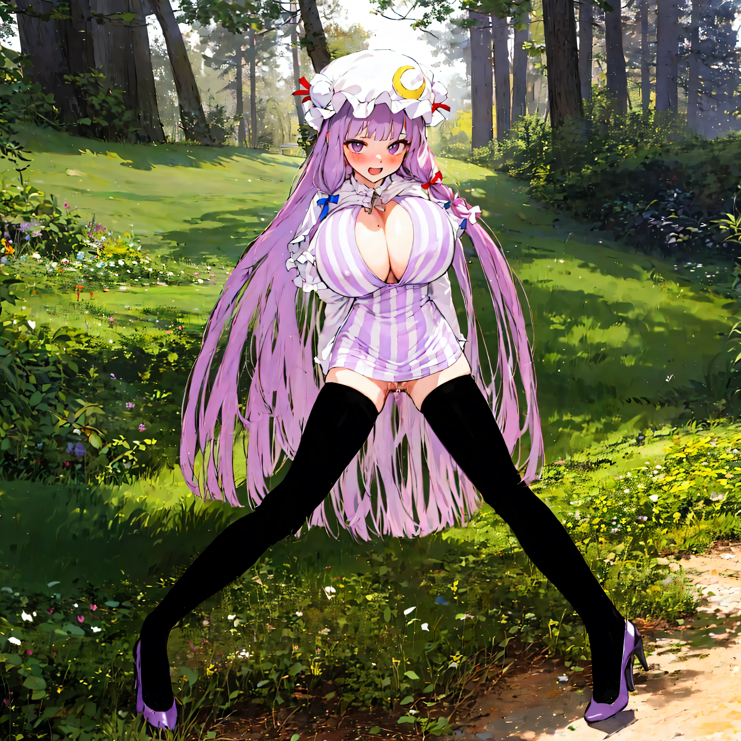 (solo), (Patchouli toho character:1.3), (standing at lakeside forest alone), outside, (standing with open legs wide:1.3), (arms behind back), swaying back, stretch legs, tiptoe, BREAK, (disproportionately gigantic huge breasts:1.3), cleavage, inconceivably narrow waist, very short torso, (skinny long legs), BREAK, capelet, sheer short dress, very short skirt, thigh gap, (black thighhighs), stiletto heels, BREAK, smile for viewer, open mouth, nose blush, full body, pussy juice, (orgasm), (nsfw:0.5), (coverd erectile nipples)