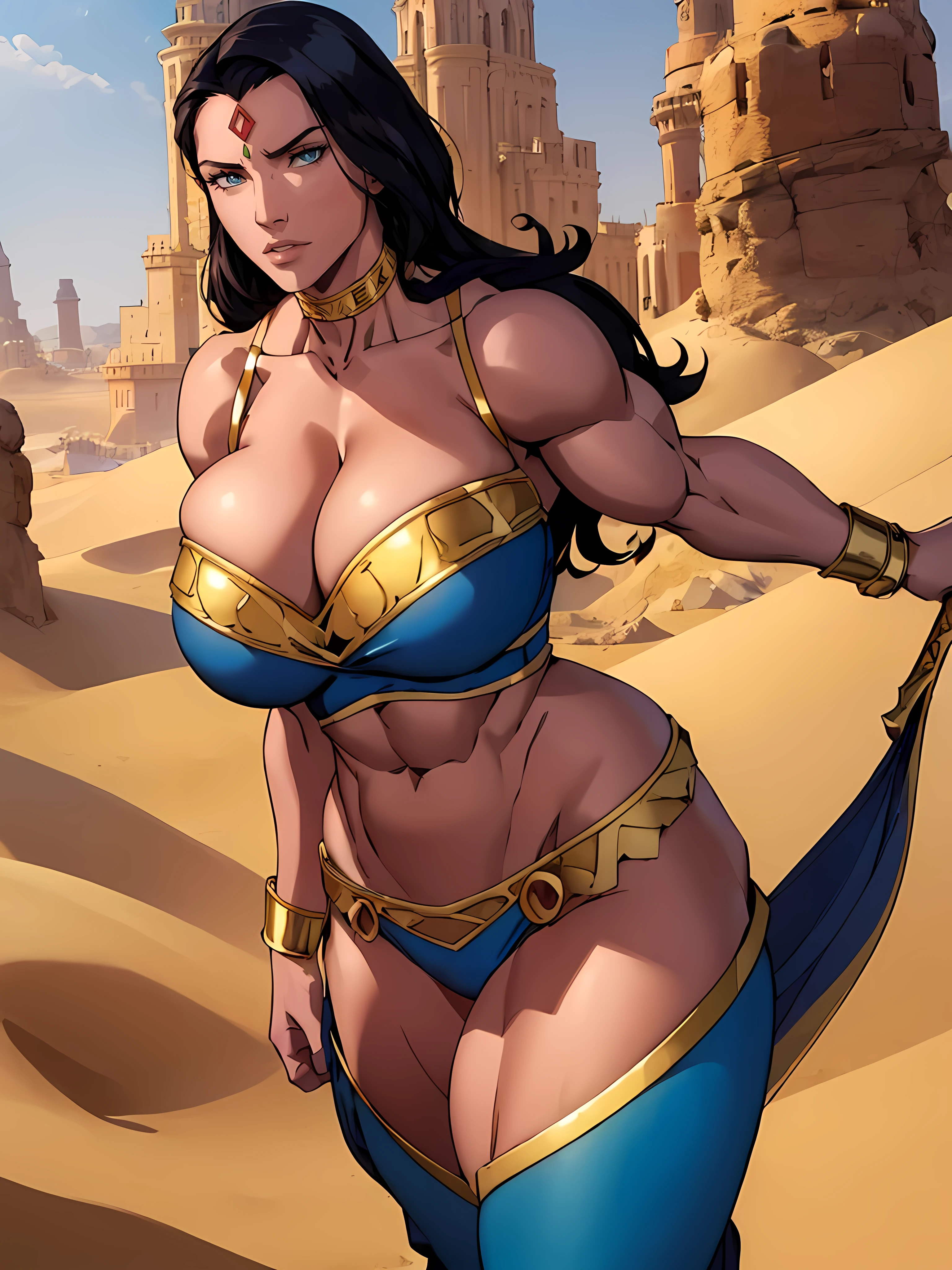 (masterpiece, top quality, best quality, official art, beautiful and aesthetic:1.2), (1girl:1.3), (((massive female bodybuilder:1.5))), ((Long Muscular Legs)), long wavy black hair, tanned skin, extremely detailed, portrait, looking at viewer, solo, (full body), detailed background, close up, mischievous eyes, (hot summer desert Arabia theme:1.1), Persian duelist woman, dark makeup, charlatan, smirk, mysterious, walking in desert, revealing blue and gold and sapphire Arabian harem girl attire, see through clothes, sheer fabric, poofy blue pants, strapless, off shoulder top, tight top, tight tube top, jewelry, armlets, elaborate necklaces, blue fabric, gold jewelry, precious stones, scimitar, curved sword, ((((gigantic breasts, cleavage, skindentation)))), slim waist, wide hips, wide shoulders, ancient (Arabian palace exterior:1.1) background, dark mysterious lighting, shadows, magical atmosphere, dutch angle,