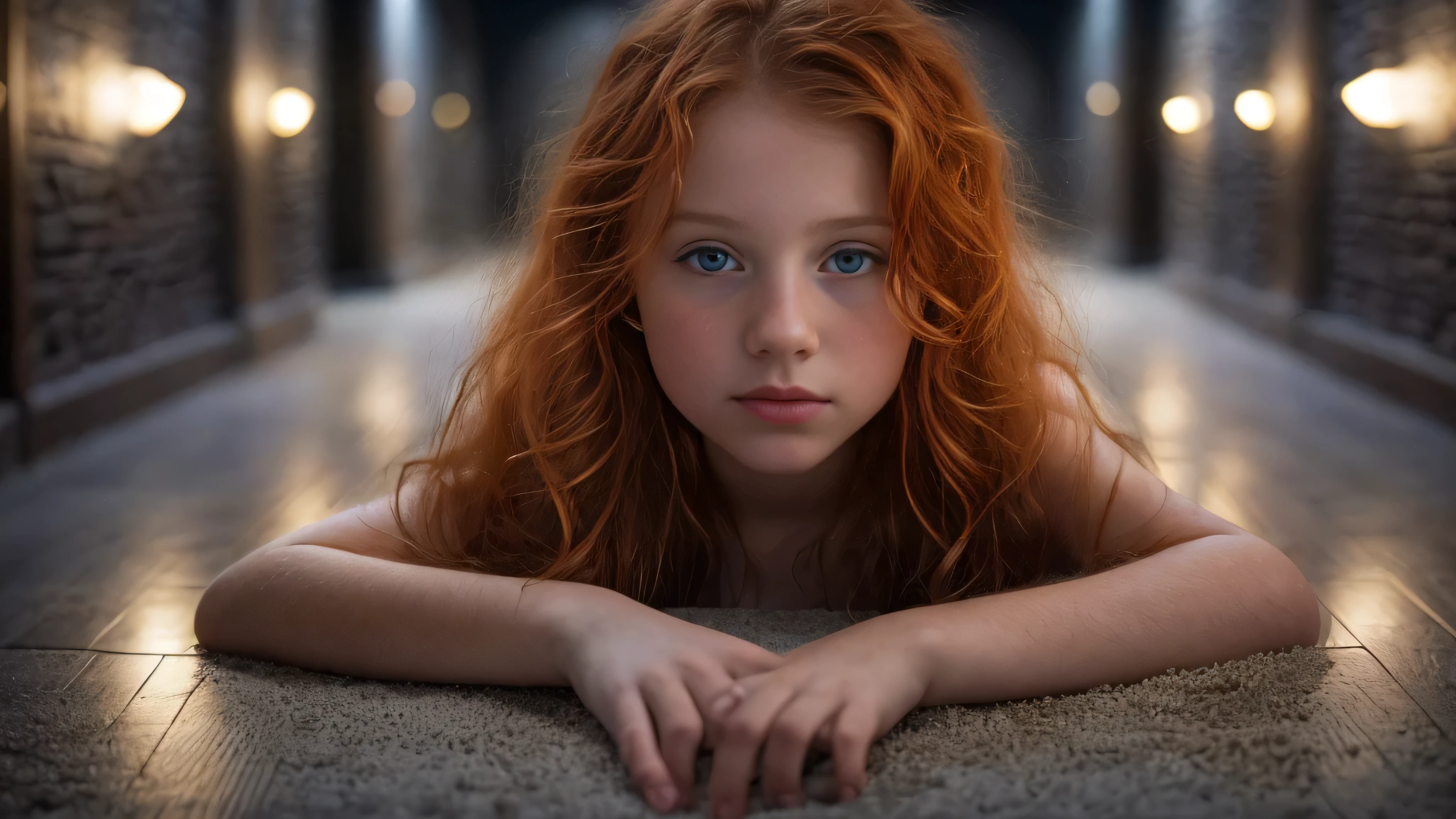 (Laia Manzanares long ginger hair teen girl,13 years old with spread legs:1.6), (long, messy hair:1.3), blue eyes, detailed eyes, detailed lips,(lies nude, sensual, full body:1.5), (photo different angles:1.5), (lies in a long dark corridor in castle lit by the moon:1.5), (dark mood, creepy, mist, dust,fog:1.5) low neck, ray tracing, (best quality, 4k, 8k, high resolution, masterpiece:1.2), very detailed, (realistic , photorealistic, photorealistic :1.37), HDR, UHD, masterpiece, professional, vivid colors, bokeh, studio lighting,nsfw