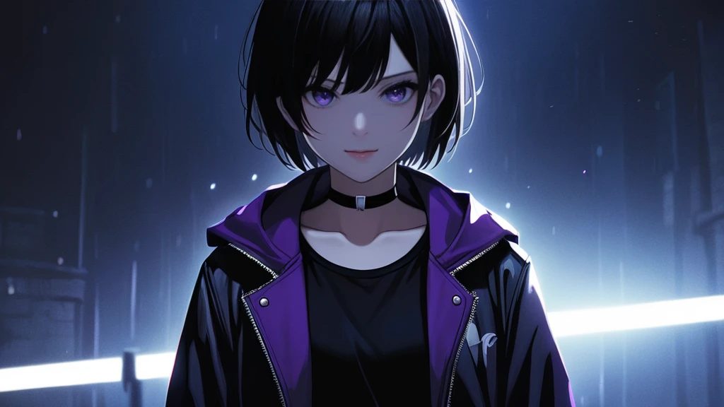 1 Tomboy Girl, Smart, Mature, Sexy, Short black hair, Black Plain chokers, purple pupil eyes, Wearing sleek black spandex under short purple jacket, Smiling menacingly, Intimidate, Confident, no fear, Stand, dark Pitch-black in the middle of the night with no moonlight, eerie anime atmosphere, detailed face and eyes, cinematic dramatic lighting, muted color palette, moody and suspenseful