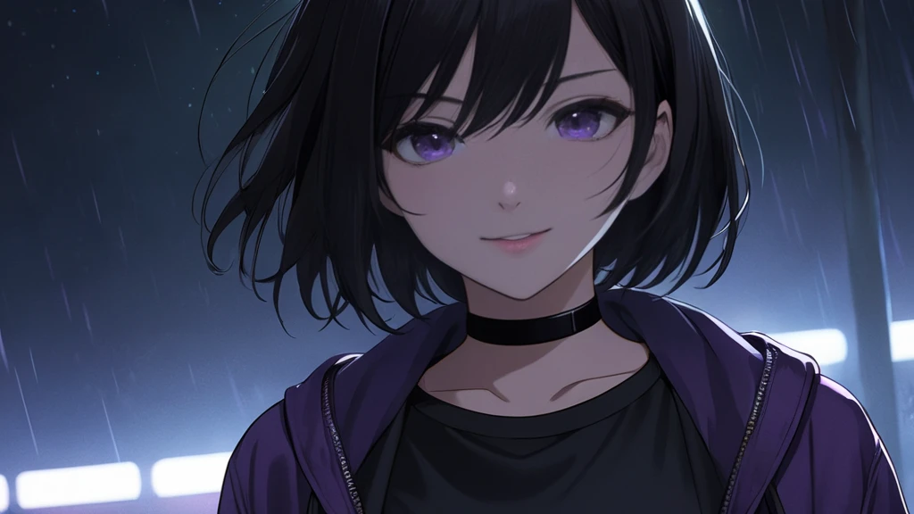 1 Tomboy Girl, Smart, Mature, Sexy, Short black hair, Black Plain chokers, purple pupil eyes, Wearing sleek black spandex under short purple jacket, Smiling menacingly, Intimidate, Confident, no fear, Stand, dark Pitch-black in the middle of the night with no moonlight, eerie anime atmosphere, detailed face and eyes, cinematic dramatic lighting, muted color palette, moody and suspenseful