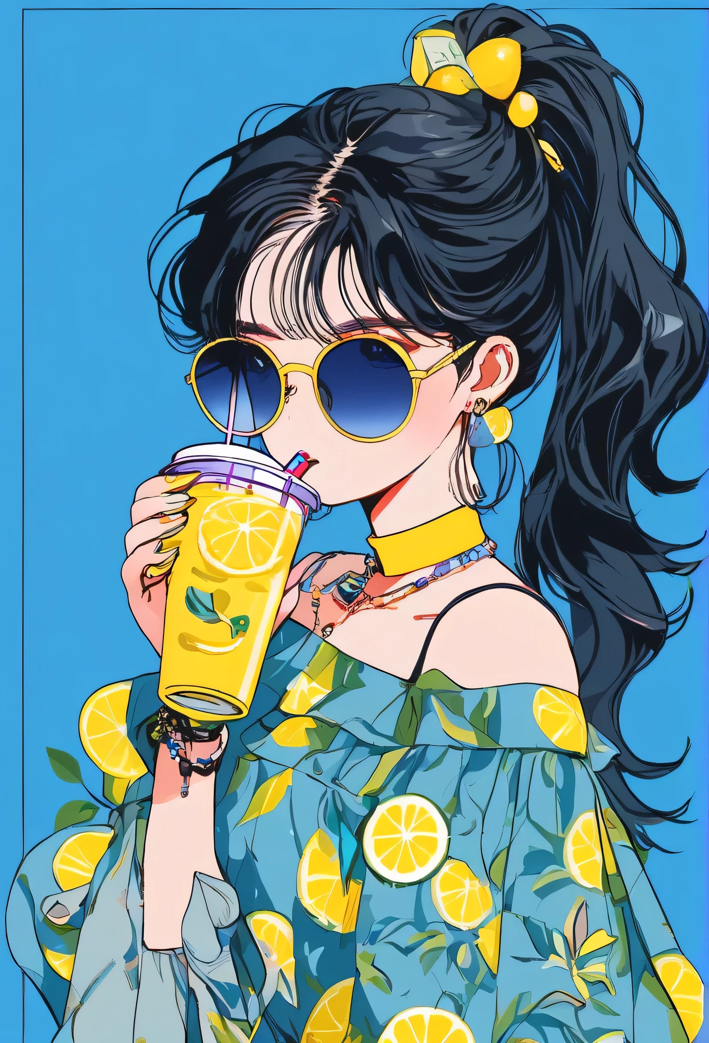 1girl,solo,jewelry,black_hair,earrings,lemon,long_hair,lemon_slice,drinking_straw,cup,food,off_shoulder,holding,fruit,choker,looking_at_viewer,sunglasses,food-themed_earrings,ice_cube,upper_body,ice,mole,bracelet,nail_polish,shirt,blue_nails,holding_cup,bangs,bare_shoulders,tinted_eyewear,drink,blue_background,ponytail,drinking,round_eyewear,frills,collarbone