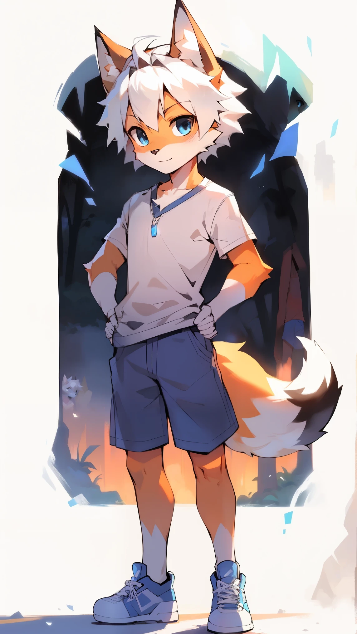 Orange fur,White hair,Black Blue Eyes,fox,Blue shorts,Blue sneakers,boy,Lovely。