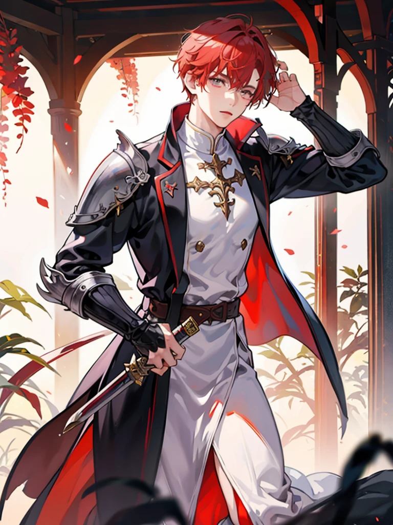 Devastation、One boy、Paladin、Wearing light armor、Red Hair、bangs、Wielding a sword、Standing pose、Highest品質, High definition, Ultra-fine, Highest_detailed