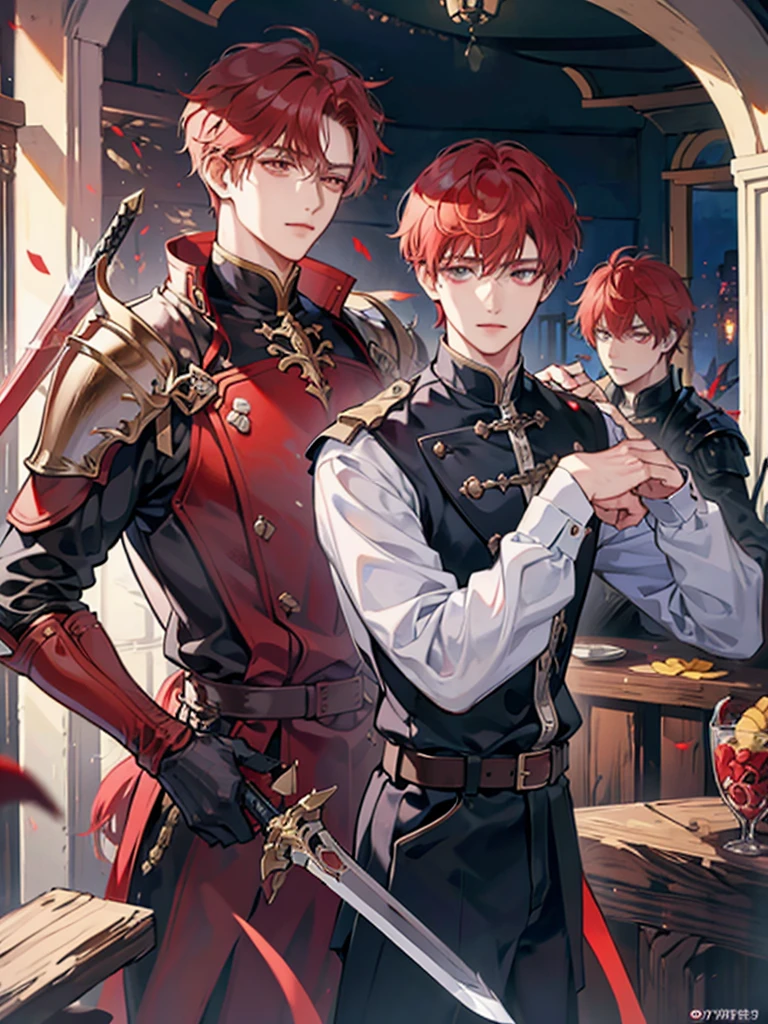 Devastation、One boy、Paladin、Wearing light armor、Red Hair、bangs、Wielding a sword、Standing pose、Highest品質, High definition, Ultra-fine, Highest_detailed