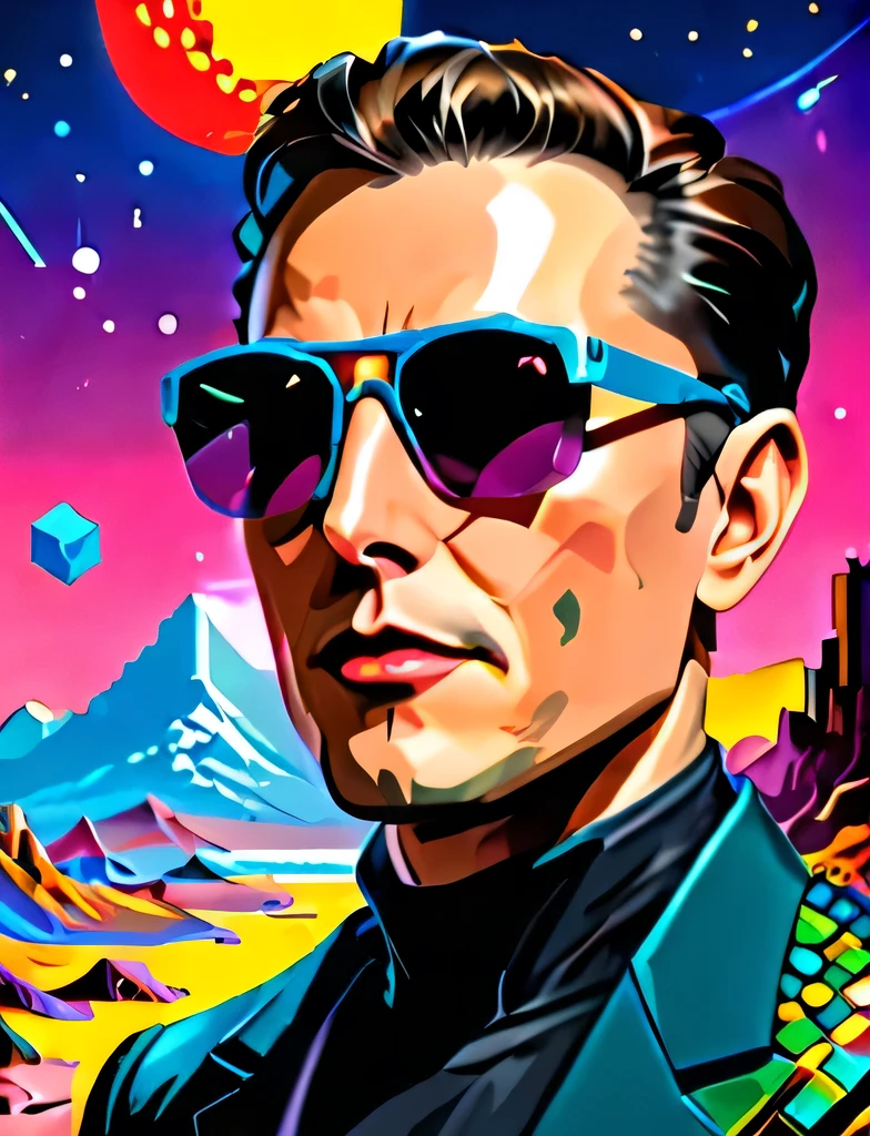 Musk&#39;s ethereal fantasy concept art of pixel-art Sci-fi pin head robot man with pit viper sunglasses, Psychedelic space background, Multicolor. Low resolution, Block, Musk pixel art style, Musk，8-bit graphics . Gorgeous Musk, Heavenly, Musk, Sexual, epic, majestic, Musk is amazing, Musk Fantasy Art, Musk Cover Art, The dreamy man is Musk，Musk，Musk