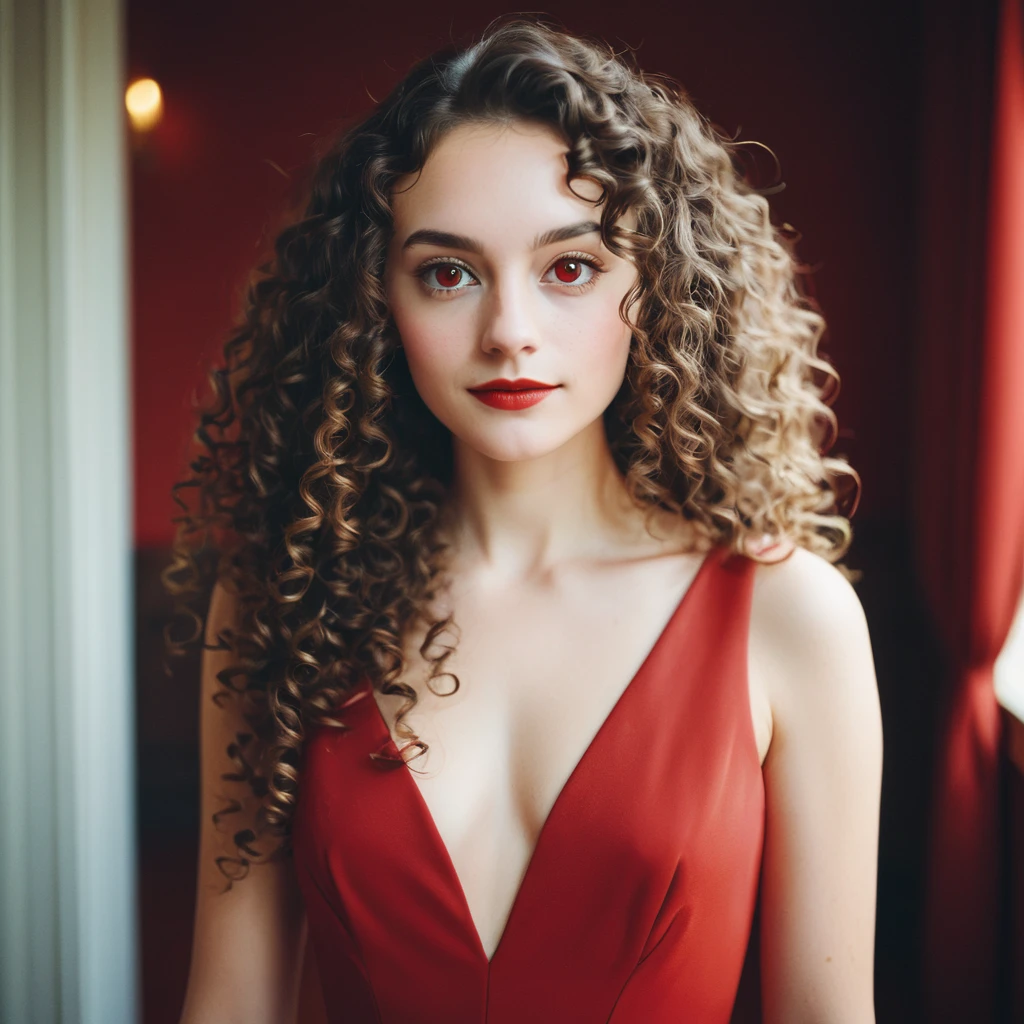 [white-skinned topless woman:1.2, long curly hair:1.2, elegant red dress, snub-nosed, bright brown eyes], portrait, VSCO filter: C8, big nipples