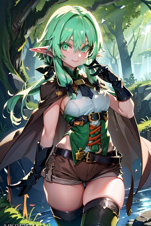 High resolution,Sharp focus,(Super detailed,Very detailed),(Very detailed CG unity 8k wallpaper),(((Vibrant colors))),{best illustration},
very shiny 肌,Shiny body,plastic glitter 肌,exaggerated shiny 肌,illuminated skin,(complete anatomy),
Complex eyes,Beautiful fine details,Symmetrical eyes,Big eyes:1.5,Seductive eyes,Camel Toe,erection of nipple,
1girl,Leprechaun archers,Elf,Pointy Ears,Green Hair,Long Hair,Side Lock,Green Eyes,Hair Ribbon,Small breasts,
Leaning Forward, ((close up head)), Put your hand on your cheek,
Cape,Black gloves,Brown shorts,Green thigh-high socks,belt,Brown shorts,beltバッグ,
Domineering smile, Remains,rubble,weed,cracked cobblestone,Mossy wall,Waterway,Plants are overgrown,
(Flying debris, 超High resolution),Wear an iridescent aura,
Invisible Light, Amazing shine, Neon green glow, The colors of another world,Bright colors,