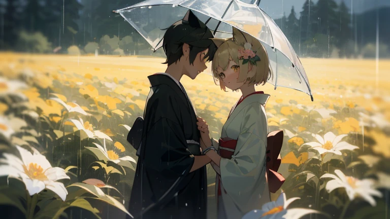 (masterpiece, best quality) detailed, Medium shot,Side shot,Rainy Day,A man wearing a kimono in a flower field,People with fox ears and light yellow short hair girls hold hands and look at each other'Eye,兩人都閉上Eye微笑.,Raindrops fall on leaves。reflection, , in background gradient