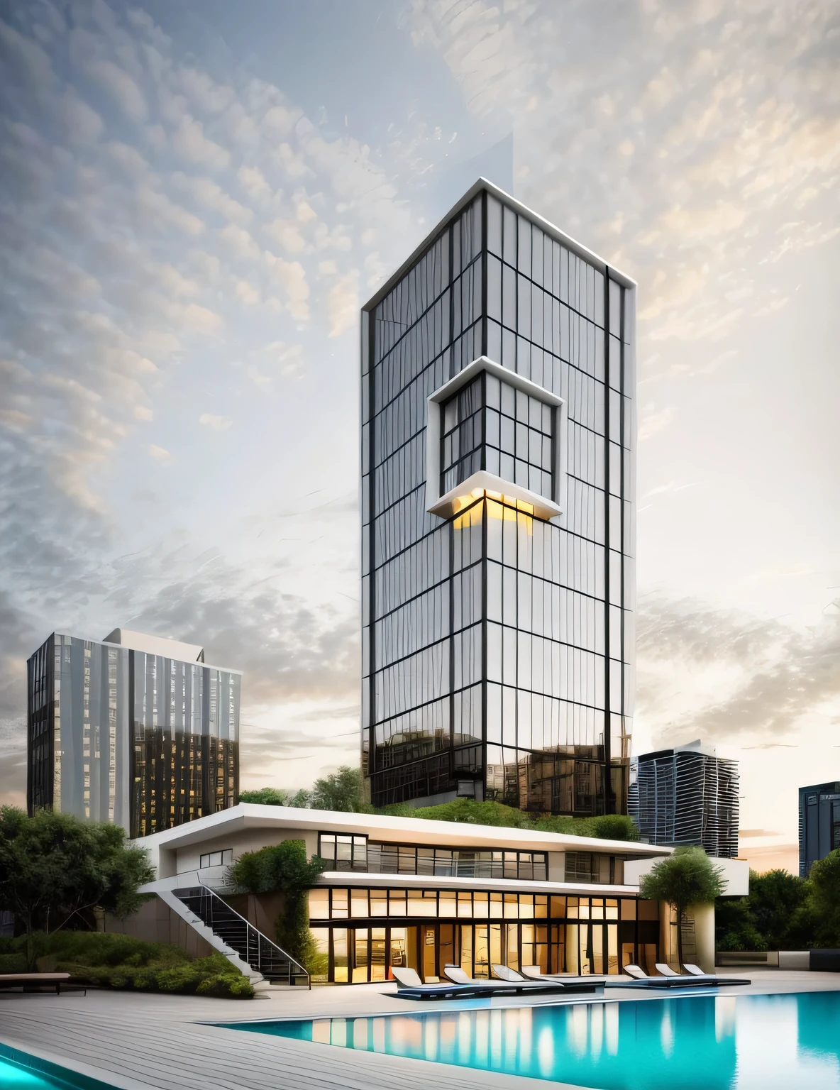 exterior of highrise hotel building, contemporary style, inspired of Norman Forster, glass with steel frame facade, 5 stars hotel design, beautiful landscape, stone pavement,cars, RAW photo, 8k uhd, dslr, soft lighting, high quality, film grain, Fujifilm XT3,masterpiece,