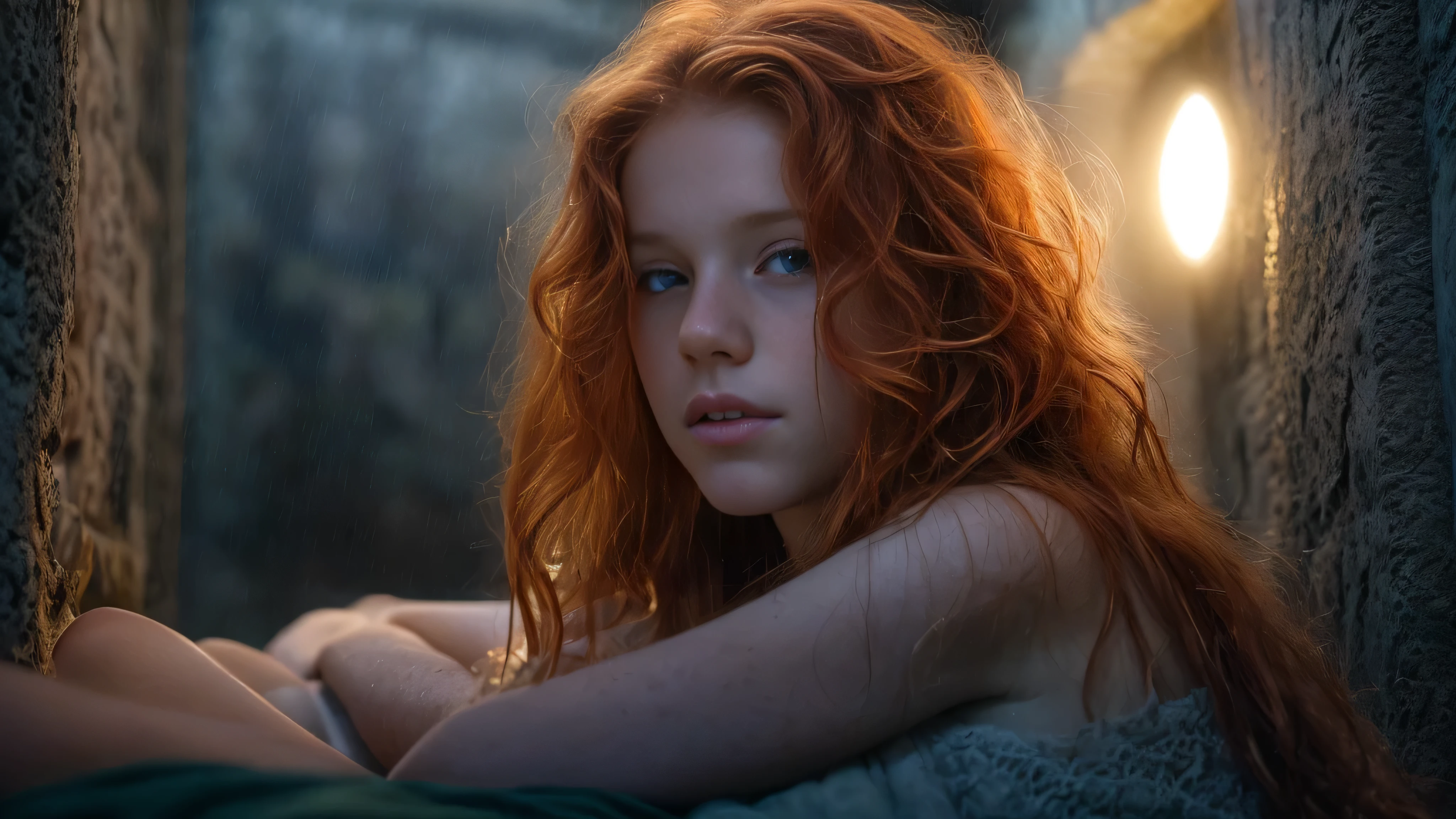 (Laia Manzanares long ginger hair teen girl,13 years old with spread legs:1.6), (long, messy hair:1.3), blue eyes, detailed eyes, detailed lips,(lies nude, sensual, full body:1.5), (photo different angles:1.5), (lies in a long dark corridor in castle lit by the moon:1.5), (dark mood, creepy, mist, dust,fog:1.5) low neck, ray tracing, (best quality, 4k, 8k, high resolution, masterpiece:1.2), very detailed, (realistic , photorealistic, photorealistic :1.37), HDR, UHD, masterpiece, professional, vivid colors, bokeh, studio lighting,nsfw