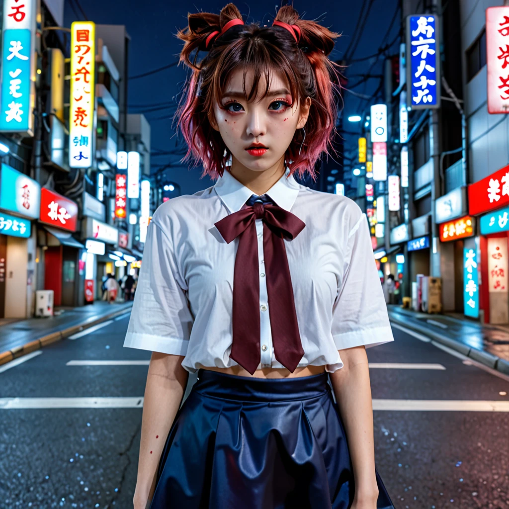 (8k, RAW photo, masterpiece:1.3), (realistic, photo-realistic:1.37), (night), (looking at viewer:1.331), (bloody hair), posing, Tokyo street, nightcityscape, cyberpunk city, soft light, toplessgirl, extremely beautiful face, bust, put down hands, Random hairstyle, Random expression, big eyes, lower abdomen, (short-sleeved .JK_shirt), JK_style, (dark blue short JK_skirt), (bow JK_tie), mix4., best quality