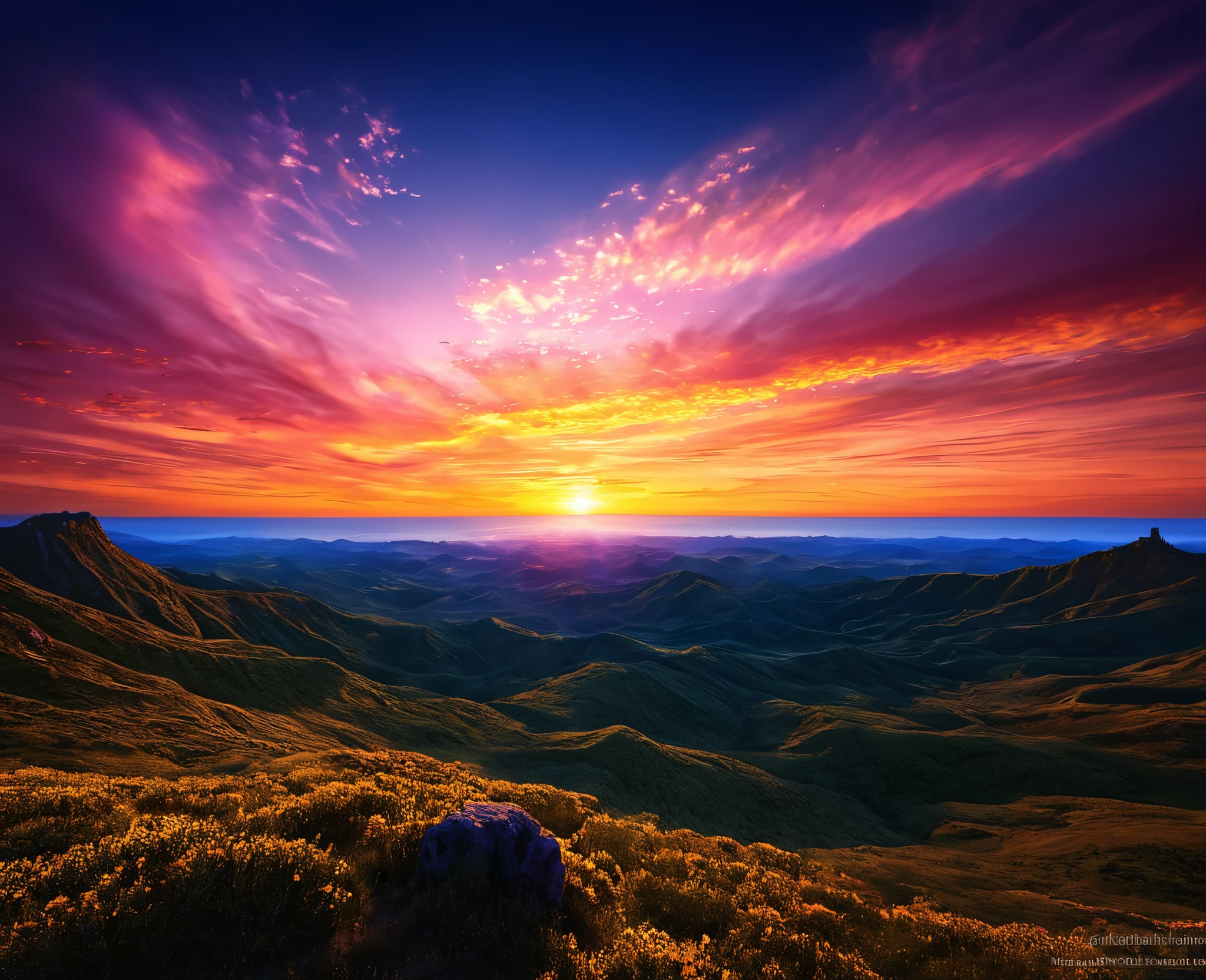 A breathtakingly vivid sunset paints the sky in hues of gold and pink, casting a warm glow over the intricate details of a sprawling fantasy landscape. The composition is impeccable, with every element carefully placed to draw the viewer's eye towards the horizon where the sun dips below the horizon. This high-resolution photograph captures the moment in stunning detail, offering a realistic portrayal of a magical world under the clear skies. The HDR editing enhances the colors and textures, making the scene come alive with a sense of wonder and imagination.