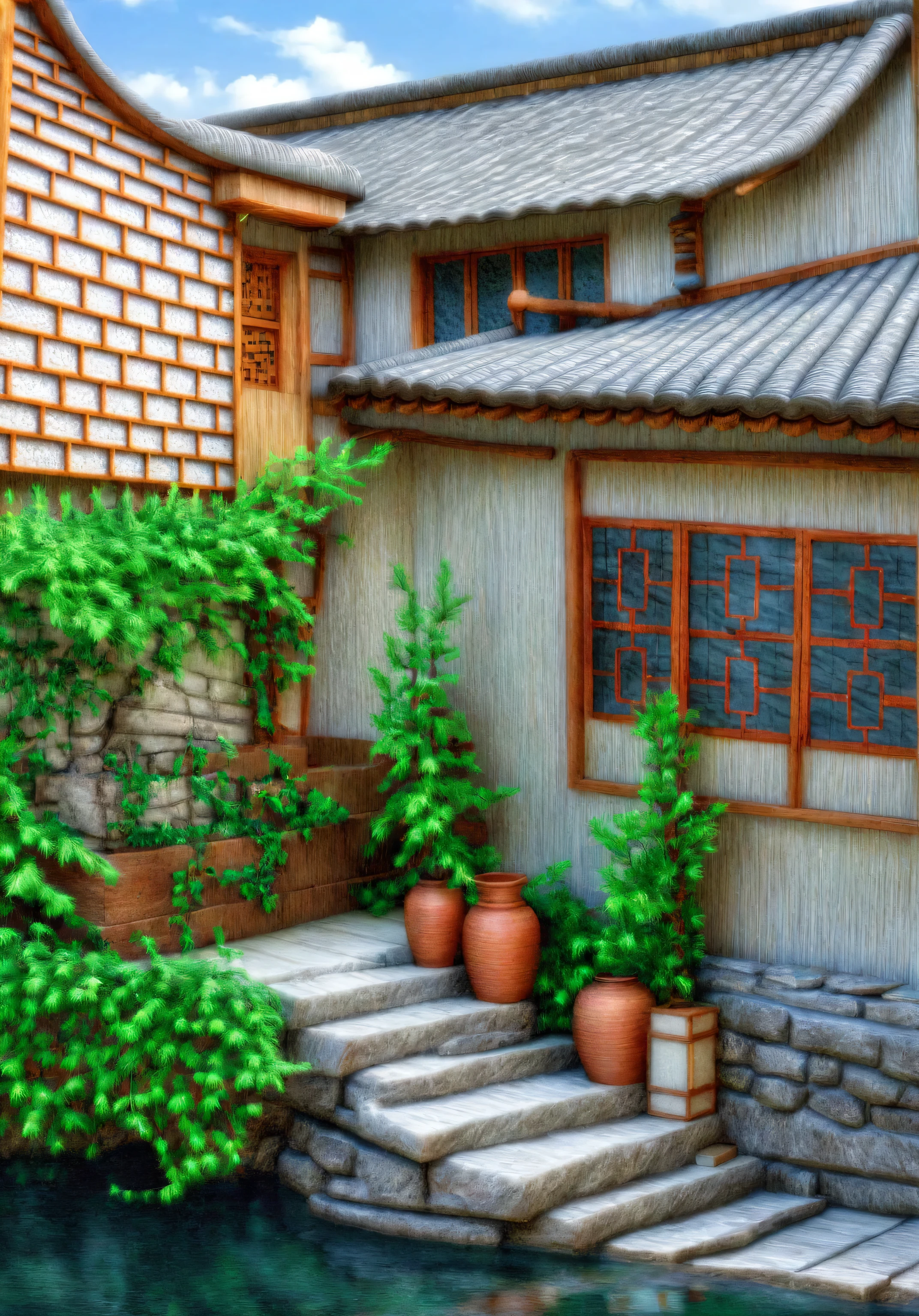 The garden and wall are planted with pine trees, pine trees, peach trees, and apricot trees. There are many types of shrubs to choose from for inclusion in Japanese garden design such as sycamore, laurel, apricot, sanh, and sapphire. Domestic plants are mainly lotus and aquatic plants such as water bamboo and betel nut. Artistic penjing trees are also integrated into rockeries and rugged rocks like cliffs, white concrete fence, A pond surrounded by a Japanese garden with shrubs, rocks, and trees and a fish tank in the garden, (architectural design visualization), (neutral natural lighting), (reflection), (focus on object), (material normal bump real reflection), (scattered light), (light ray), (multi-beam light), (sunbeam) (multi-level reflection), (chao vantage software visualization render),(((Best Quality))), ((Masterpiece)), ((best illustration)), ((best shadows)), ((Super Detail)), (Intricate lines), (Photorealism),(hyper detail), ((archdaily)), ((award winning design)), (dynamic light), spotlight, (perfect light), (shimering light), ((photorealistic)), ((intricate detail)), ((extreme detail)), ((crazy detail)), ((octane render)), ((trending on artstation)), ((High-fidelity)), ((Viwvid)), ((Crisp)), ((Bright)), ((Stunning)), ((Eye-catching)), ((High-quality)),((Sharp))((Bright)), ((Stunning)), ((Eye-catching)), ((Illuminating)), ((Flawless)), ((High-quality)),((Sharp edge render)), ((medium soft lighting)), ((photographic render)), ((detailed archviz)), ((reality environment))