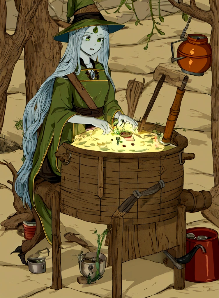 Witch brewing a potion near a pot