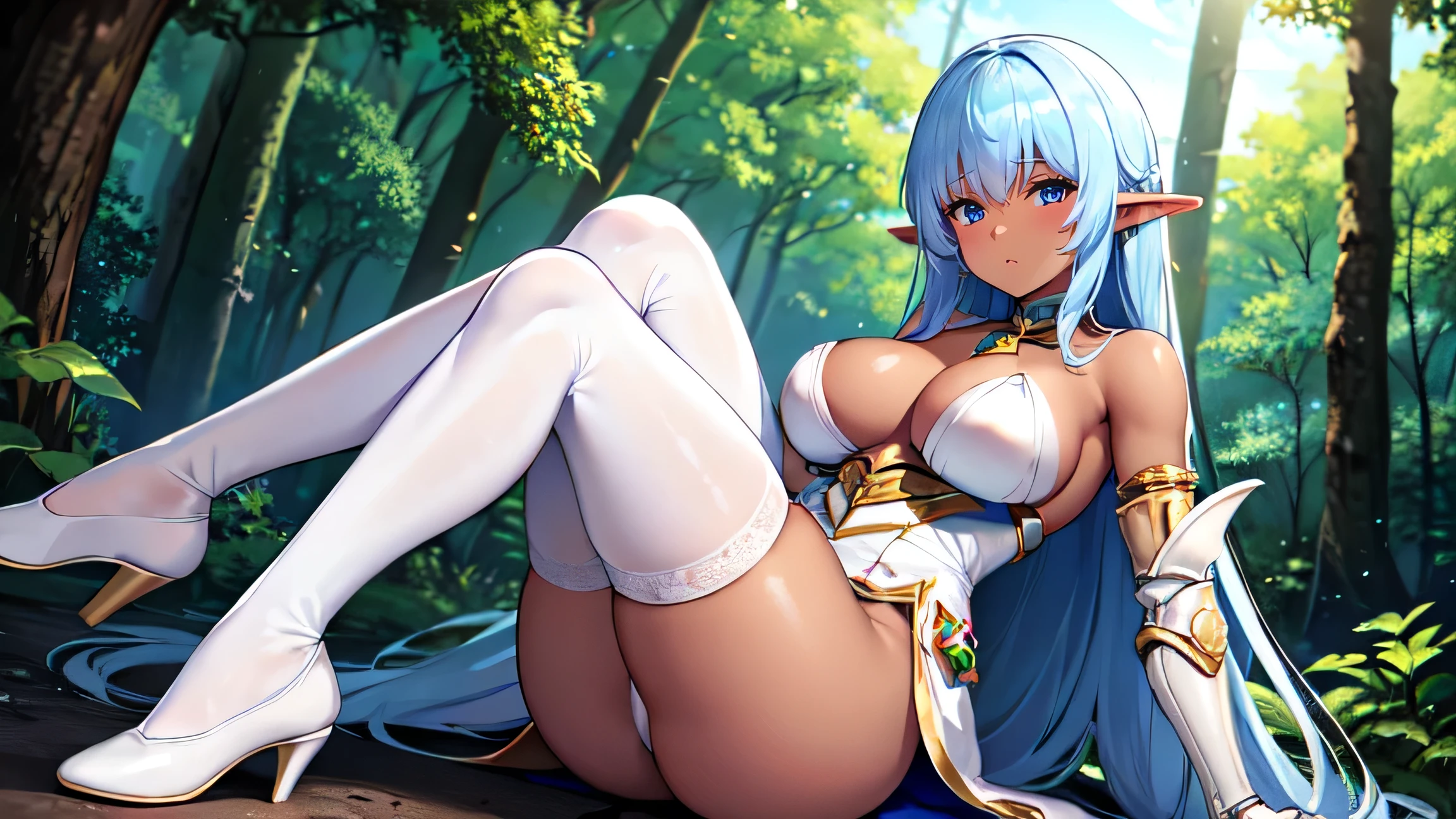 4K,High resolution,One Woman,Dark Skin Elf Big ,Princess、Hide her breasts,,,Heavy Armor,White shoes,Satin Long Gloves,,in the forest Knee-high socks、Long white elbow gloves,