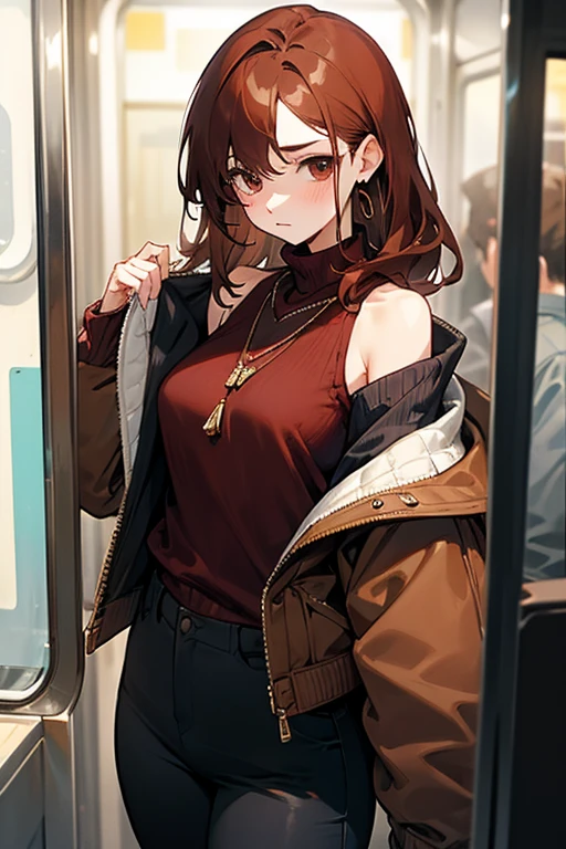 Reddish brown hair、Earrings、necklace、Sleeveless knitwear、Shoulder Bare、turtleneck、sexy、Cowboy Shot、In a crowded train、Disheveled clothing、Office casual fashion、The inner string is visible、Tight pants、Off-the-shoulder oversized jacket、A little short top