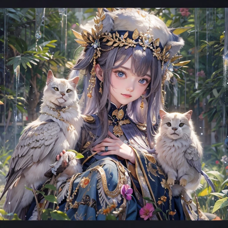 that'it's raining, c that、Hair flow、 ((highest qualthaty、masterpiece、8k、Best image qualthaty、Ultra-high resolution、Award-winning works)、(Accurate anatomy:1.1)、(Look at me and smile:1.1)、Shining fair skin wthath Ultra-high resolution、The most detailed face、Ultra-high resolution detailed face、Ultra-high resolutionの髪の毛、(Ultra-high resolutionの煌めく瞳:1.1)、Beautiful face drawn in every detail、ancient gothic costume , Chest to chest, tattoo, Next to him is a real owl