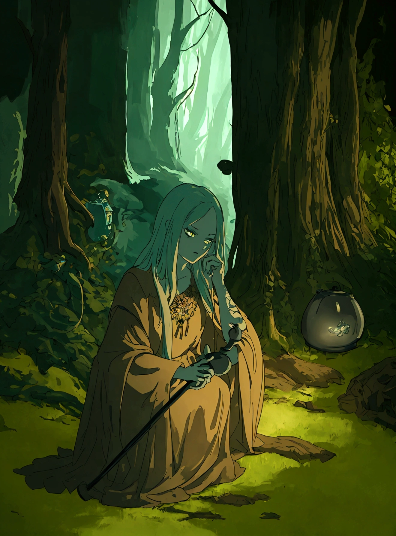 a witch brewing a potion near a boiling cauldron, dark moody atmosphere, glowing magical lights, mystical forest background, lush vegetation, detailed face and hands, intricate robes and accessories, cinematic lighting, dramatic shadows, moody color palette, fantasy art style, concept art, ultradetailed, 8k, photorealistic