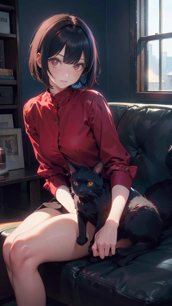 girl with short bob hair,Red eyes ,A shining heaven,in heaven,Sitting,Petting a black cat