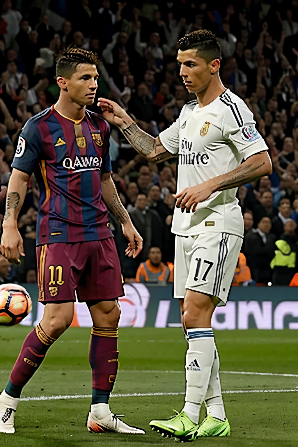 Messi arrodillado ante cristiano Ronaldo