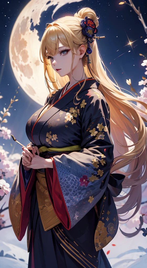 masterpiece, high quality, 4K, Beautiful design, silhouette,blonde, 非常に詳細な夜のStarry Sky,Flower Field, wonderful, Finer details, Very knowledgeable woman, Highly detailed solo, 1 female,Big Breasts,Red colored kimono,Night view,Starry Sky,full moon,