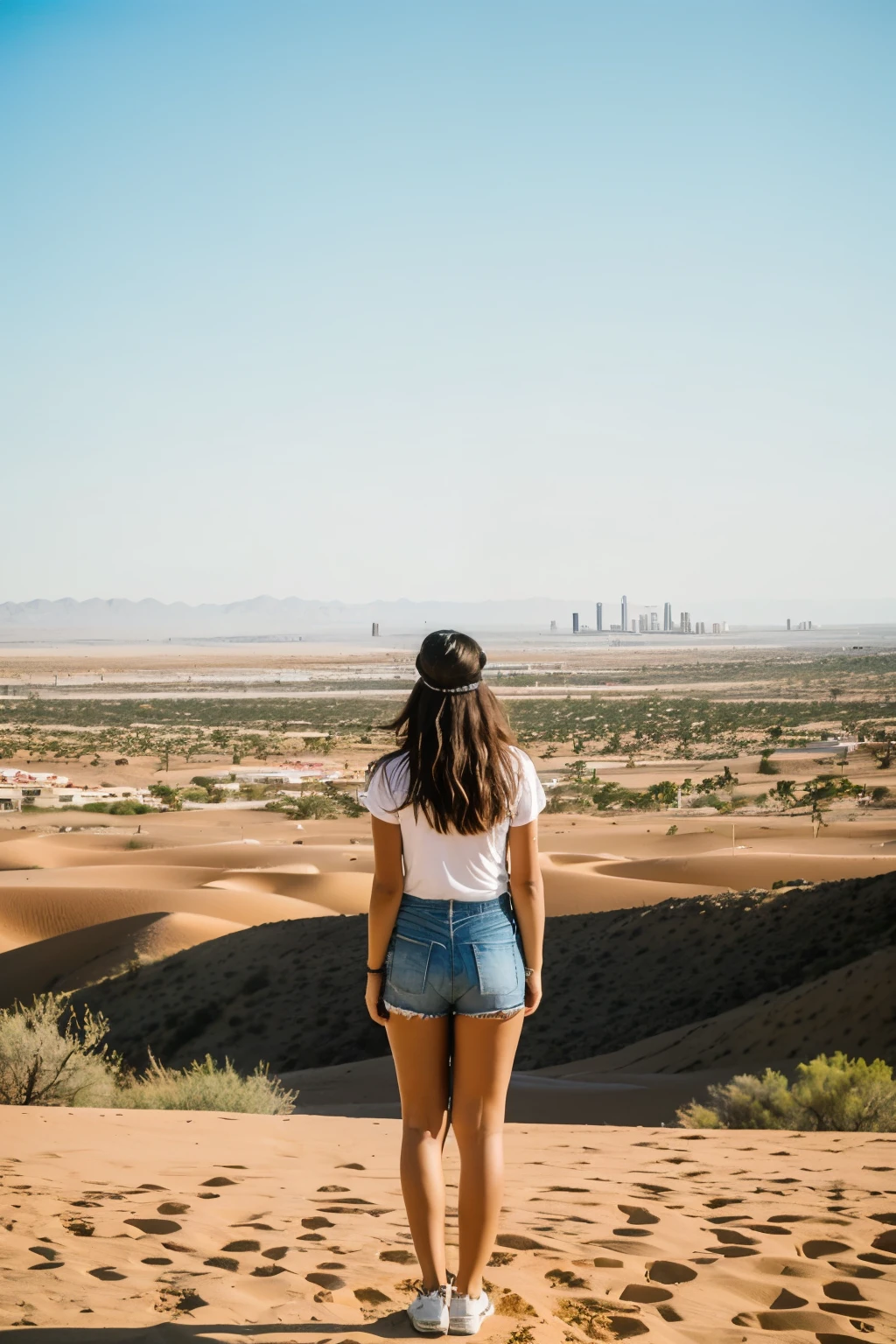 ((mejor calidad)), ((obra maestra)), (detallado), a desert horizon where you can see a utopian city in the distance, while some young people see her from a distance