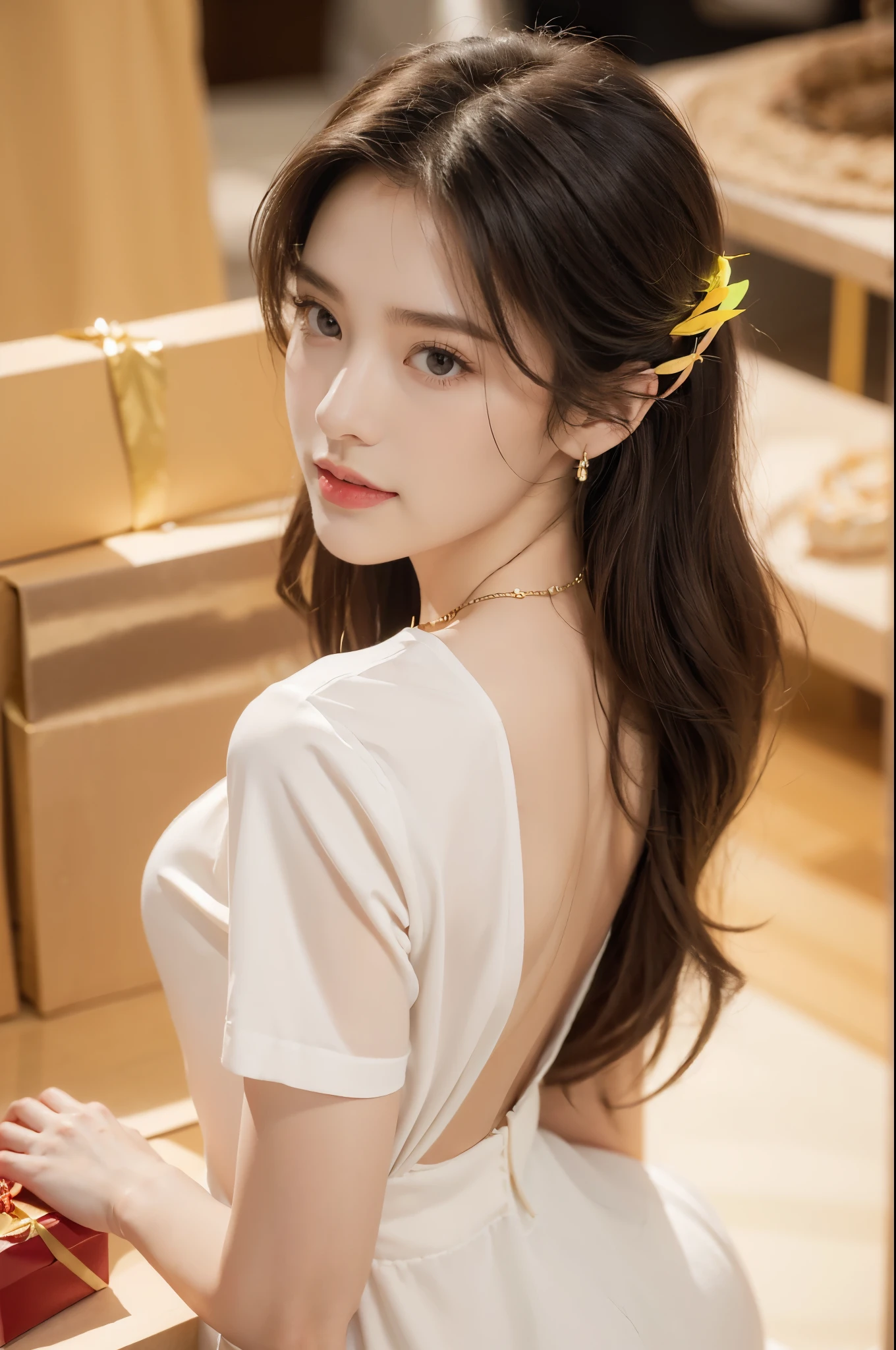 ((((8k))),((Extremely meticulous CG)) ,(wallpaper),16k,((Extremely refined and beautiful)),(((Masterpiece))),(((best qualtiy))),(((Ultra High Resolution))),beautiful light up,Perfect lightning,realistic shaded,(Smooth and flawless skin:1.5),(Extremely exquisite facial details:1.2),(perfect body:1.2),(ultra-detailed),((A beautiful girl,solo)),(small head:1.2),(pale skin:1.3),(medium straight hair:1.2),(small face:1.2),(baby face:1.3),(Exquisite makeup:1.2),(bare back:1.3),(towering hips:1.3),((slim,thin)),(laughing:1.2),(short sleeves:1.2),(crystal necklace:1.2),(shirt dress:1.5),(pantyhose:1.3),(indoor:1.3),(summer:1.3),(detailed background:1.5),(sitting on the gift box:1.3),(butt crack:1.2),(upper body:1.3),(from back:1.3),(day scene:1.5),(many gift boxes of various colors:1.3),(In a luxurious shopping mall:1.5),(bright and vivid colors:1.3)