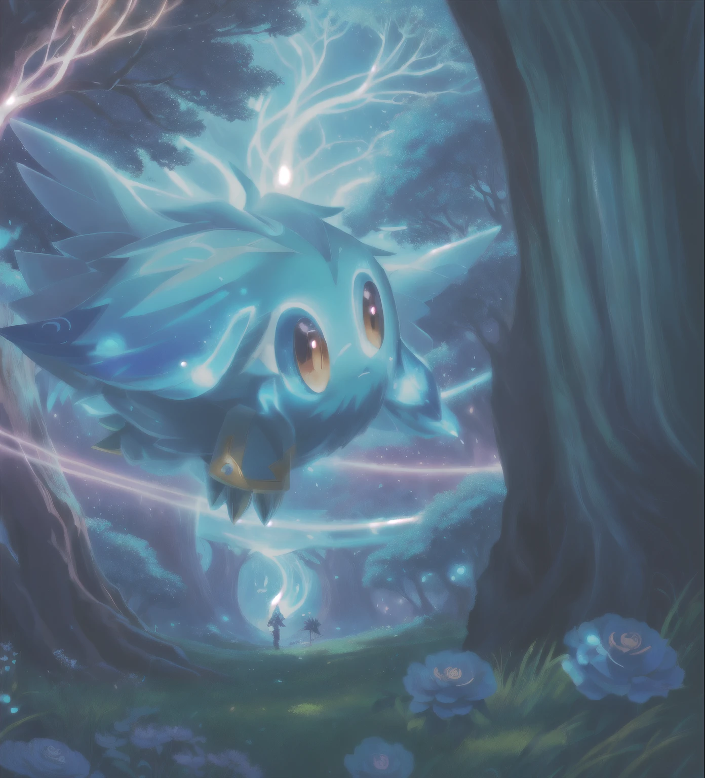 there is a cartoon of a being flying over a tree, mana in the air, a friendly lock, De Xenoblade Chronicles, Horrible, linda criatura del bosque, esponjoso!!!, un monstruo cardo humanoide, Ori y los ciegos, Ori y los ciegos forest, pokemon illustration, arte del juego!!, lindo arte digital detallado, estilo de pokemon lindo