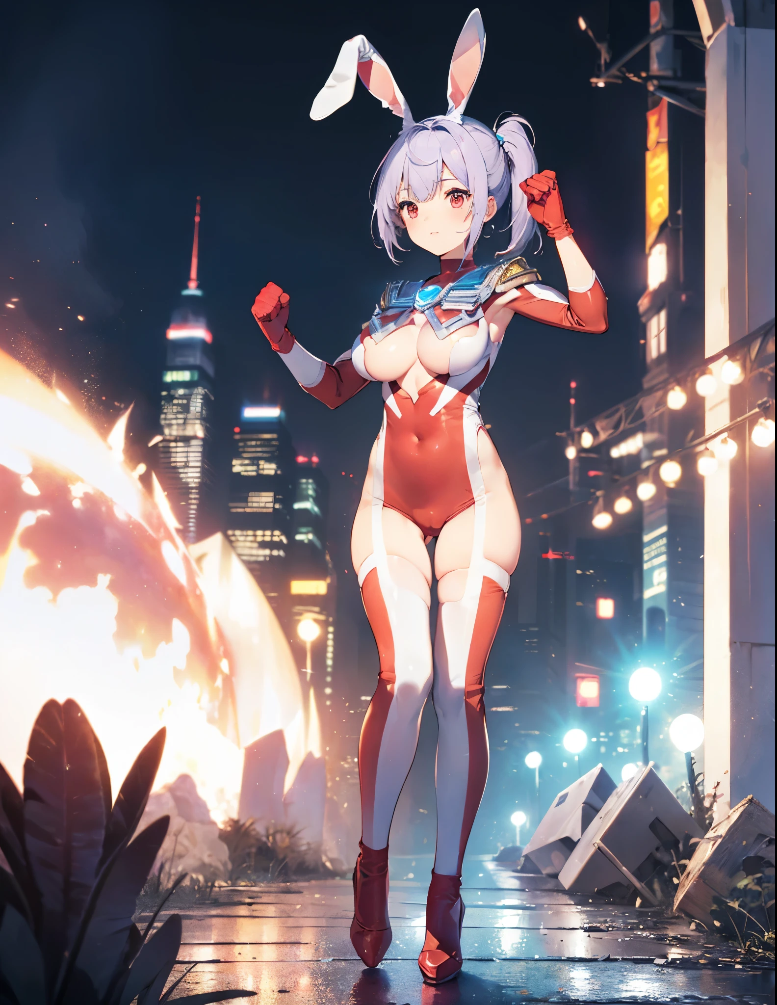 (Close-up:1.3),Realistic,highest quality, Ultra Detail, High-quality CG rendering, The most delicate and beautiful, Floating softly, High resolution, (1 giant girl), (Highest quality,4K,8K,masterpiece:1.2) ,Light purple hair,Rabbit,(Bunny ears:1.5),ponytail,Red eyes,(Ultra Girl:1.0),(All red Ultraman bodysuit:1.4),(All red gloves:1.3),(All red shoes:1.3), (Clenched Fist:1.2),(whole body:1.3),(Turn your back to your audience:1.3),Butt,(Slightly larger breasts:1.5)