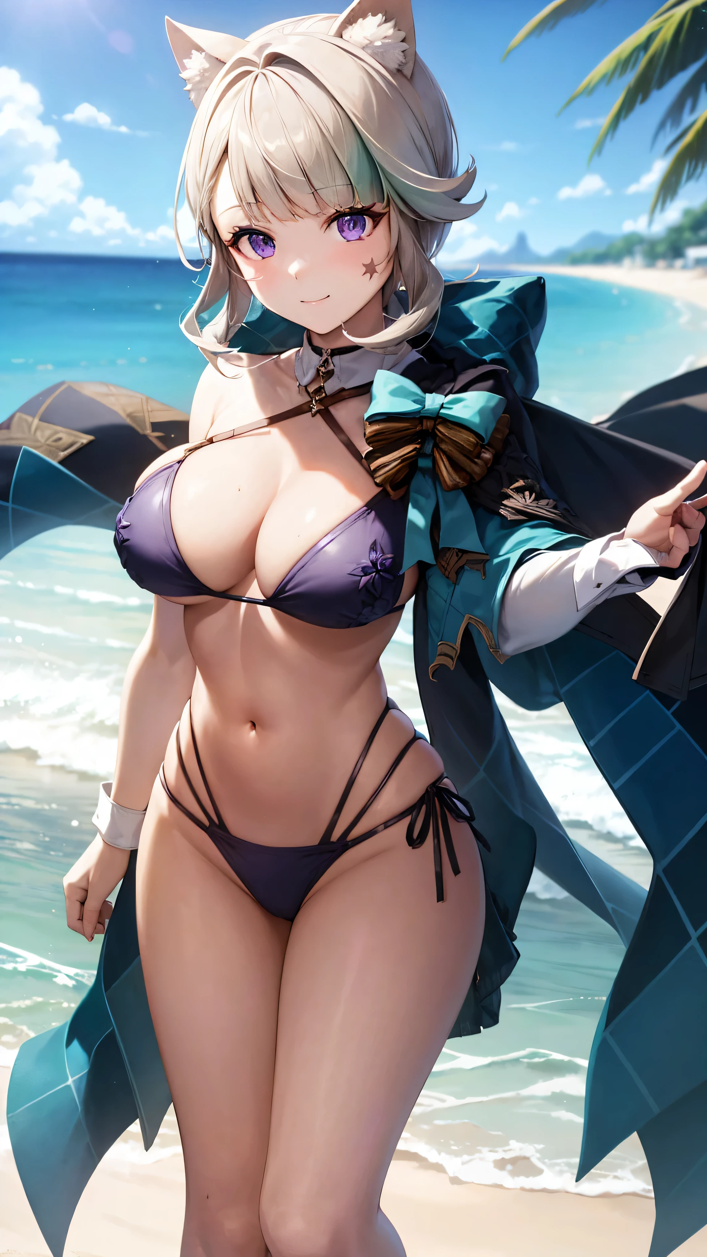 anime, beautiful face, highly detailed face, 2 accurate legs, purple detailed eyes, highly detailed beach background, perfect lighting, best lighting, 1girl, solo, lynette, genshin impact, outdoors, on the beach, beautiful sliver hair, hair shaped animal ears, absurdres, high res, ultrasharp, 8K, masterpiece, (looking at viewer:1.2), (teasing smile:1.2), BREAK (detailed sexy lace beach bikini:1.3), (sexy pose1.2), hands on chest