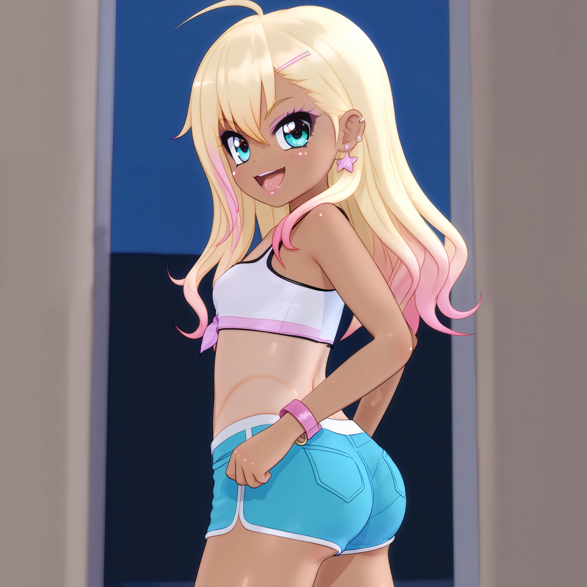 By mantis-x, (gyaru), young girl, (wearing thong), small breasts, playful smile, blonde hair, ((tanned skin)), solo, nude, wearing tube top, ass shake, lewd dance, ass, wedgie, indoors, girls bedroom,