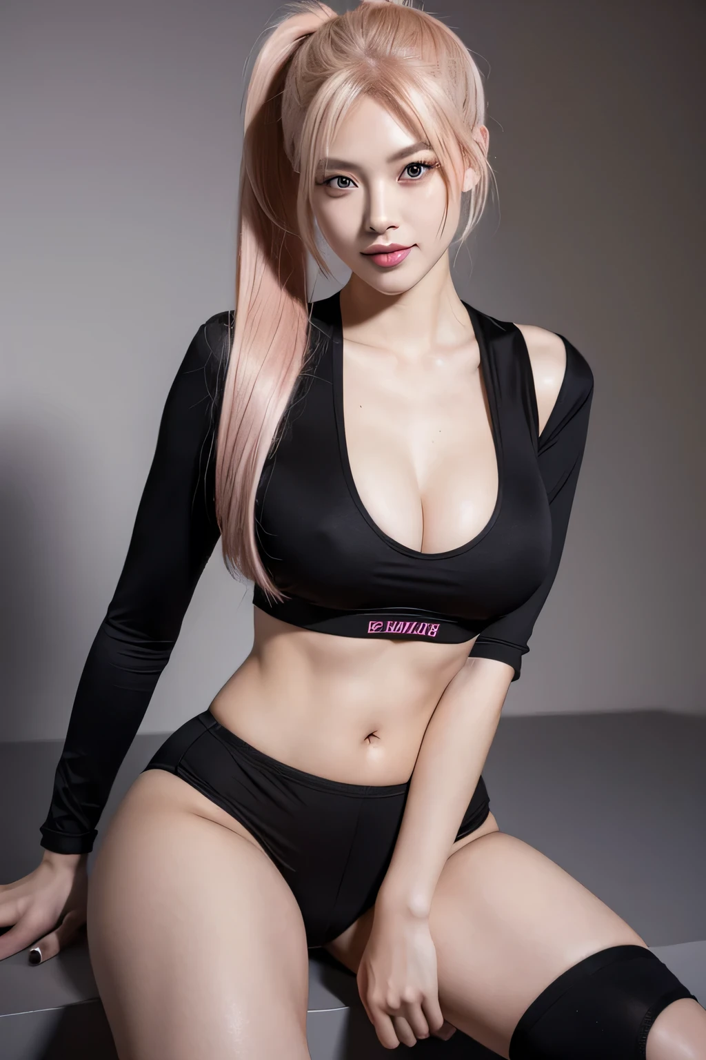Blond Pink hair, long hair with pony tail and bangs, slicked back hair, dominant, brown eyes, dominant eyes, eye contact, arrogant, adult, thick eyebrows, evil smile, smirk, black eyeliner, sporty, tall, model, posing, dungeon, Create an intense, evocative full body in the Japanese retro anime style of the 80s and 90s of a female college student. This girl is sitting. Her attire is minimal, accentuating the curves of her body and the dramatic shadows cast by the lighting. The background is stark, with sharp contrasts highlighting the contours of her form, evoking a sense of mystery and allure. Use a consistent design with vibrant colors. The outfit should be eye-catching, suitable for a lively and energetic workout.