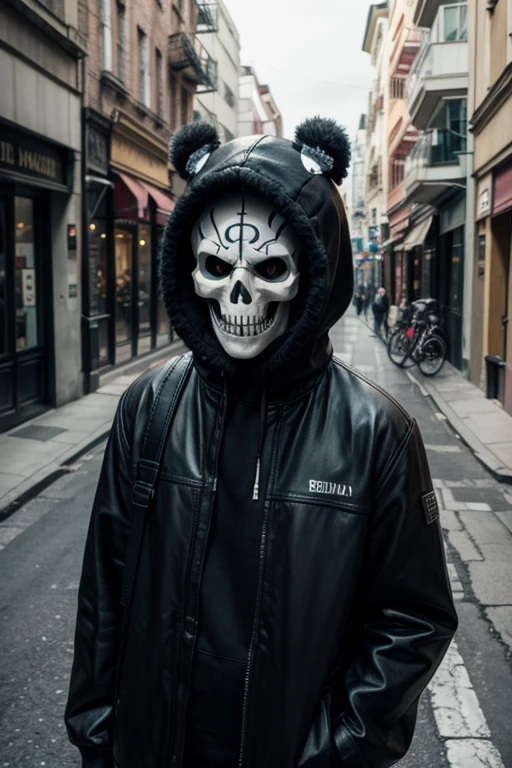 person wearing a skull mask on a street