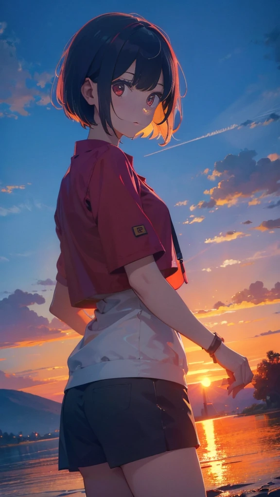 girl with short bob hair,Red eyes ,A shining sunset,sunset