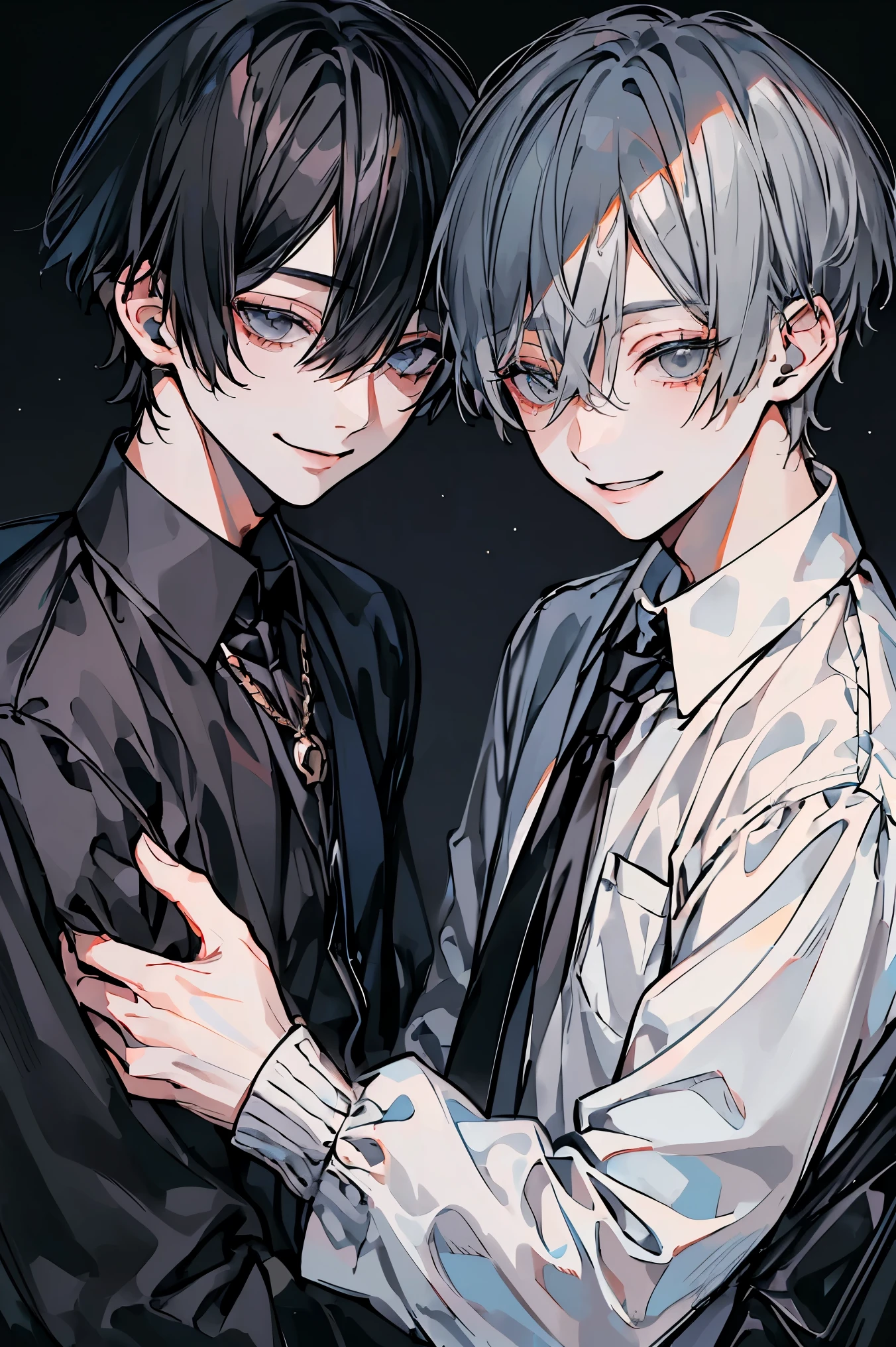 (Mastepiece)、(Best Quality)、Very detailed、((Two close boys:1.5))、Perfect Face、Beautiful Face、Very detailedな顔、4K、8K、(Black-haired man:1.3)、(Grey-haired man:1.3)、shirt、(smile:1.2)