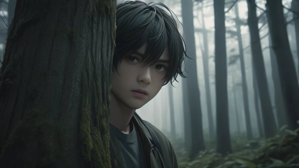 a boy in a forest, doppelganger hiding behind tree, detailed and realistic face, horror expression, eerie anime atmosphere, cinematic dramatic lighting, muted color palette, moody and suspenseful, masterpiece, photorealistic, 8k, ultra-detailed, physically-based rendering, sharp focus