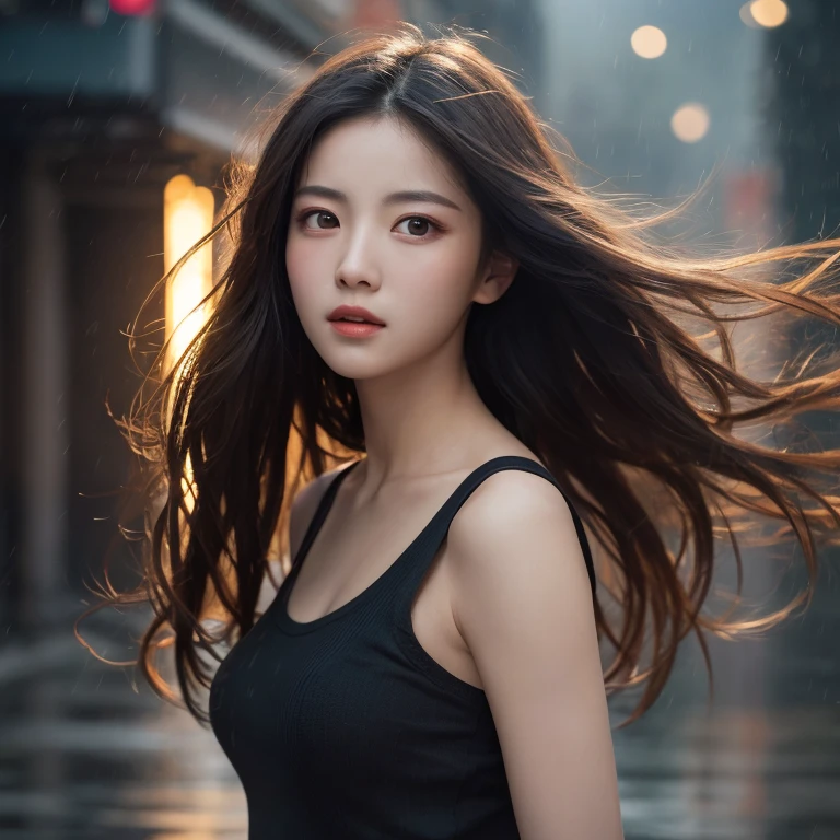 a raw, ultra-detailed, photorealistic (1.3) masterpiece portrait of a single girl with long, messy hair in a dynamic angle, set in a world-class theater with excellent cinematic lighting, lens flare, and an Dunhuang-style artistic flair, 8k resolution wallpaper quality, best quality, dancing in the rain、perfect face 