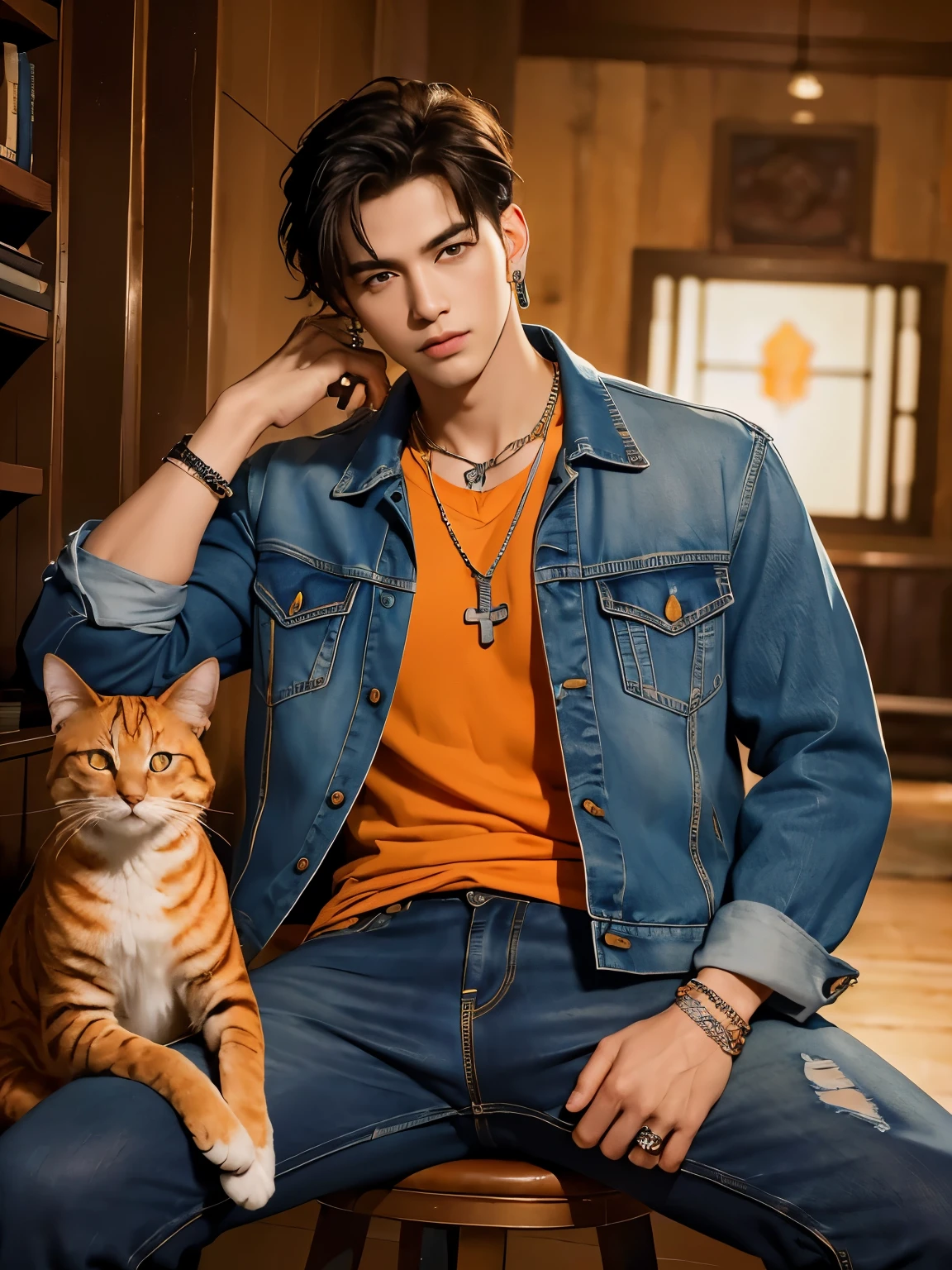 Masterpiece, complicated details, (((handsome young boyอายุ 30 ปี))), rocker denim jacket, Jeans, leather bracelet, wire necklace, big earrings, Araffi and an orange cat sat on a man's lap., Inspiration from Zhang Han, Inspired by Adam Dario Kiel, Who is Xi Wu?, realistic. Cheng Yi, Inspiration from Yan Juncheng, Handsome face and beautiful face, Inspired by Kim Hwan Ki, Inspiration from Kim Eung Hwan, Yanjun Chengt, Cai Su Kun, Inspiration from Zhou ChenMasterpiece, complicated details, handsome young boy, rocker denim jacket, Jeans, leather bracelet, wire necklace, big earrings, Posing against the mirror, Black hair, big black eyes, holding an orange cat. มีorange tabby catMasterpiece, complicated details, ((handsome young boy holding an orange cat)), rocker denim jacket, Jeans, leather bracelet, wire necklace, big earrings, Black hair, big black eyes, orange shirt, holding an orange cat, Araffi and a white cat sitting on a man's lap., Inspiration from Zhang Han, Inspired by Adam Dario Kiel, Who is Xi Wu?, realistic. Cheng Yi, Inspiration from Yan Juncheng, Handsome face and beautiful face, Inspired by Kim Hwan Ki, Inspiration from Kim Eung Hwan, Yanjun Chengt, Cai Su Kun, Inspiration from Zhou ChenMasterpiece, complicated details, handsome young boy, rocker denim jacket, Torn Jeans , leather bracelet, wire necklace, big earrings, Black hair, big black eyes, holding an orange cat. ((orange tabby cat))Masterpiece, complicated details, handsome young boy, (((Rocker Tattered Denim Jacket, Torn Jeans))), leather bracelet, wire necklace, big earrings, Long black hair, big black eyes, orange shirt, holding an orange cat, blackground is sunrise on the green meadow