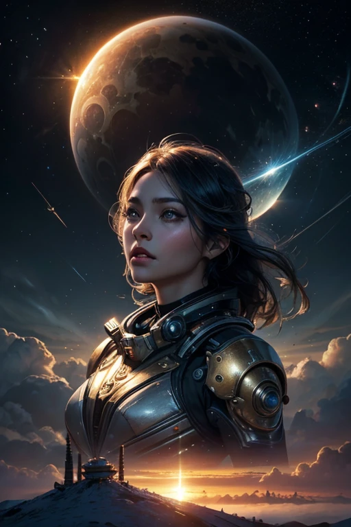 realistic visual effects,attractive beautiful,dramatic contrast,Gentle lighting,Delicate warmth,the soft light,hyper HD, Extremely colorful,best qualityer,perfect female shape,HighDynamicRange,long eyelasher,Unbeatable masterpiece,putting makeup on, Sexy goddess,Large metal mechanical gears,Strange sky,8K high quality,A pair of big eyes are beautiful and moving,White skin,Makeup,Sexy outfit,Gold medal in this round,Gold Warframe,Spaceship,Mechanical pets, 【Background with】Large gold gear,Doomsday ruins,Giant tornado,The setting sun burns the clouds,Multiple planets,The end of the world,Multiple planets,Space-time tunnel,Space battleships,Mards,,Jupiter,Lightning Thunder, Mercury,Strange sky,Giant tornado,Blue light,salama,Large flying machines,Cool car,Time Tunnel,nuclear power plant,Futuristic car,Tornado。